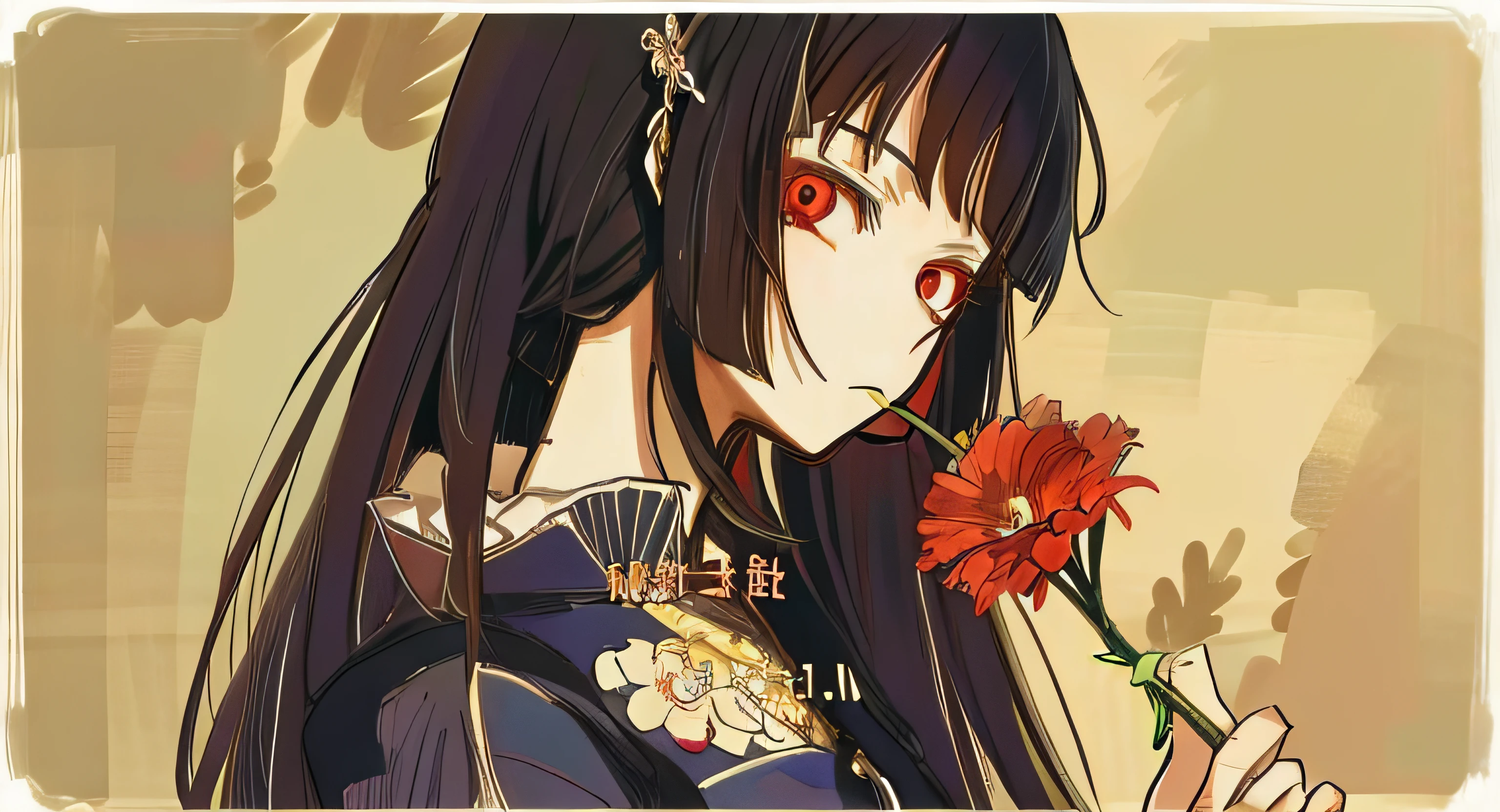 anime girl with long black hair holding a flower in her hand, Standing, anime image, with glowing red eyes, with red glowing eyes, shrines, Anime Girl with Long Hair, beautiful anime woman, , Gothic Maiden anime girl