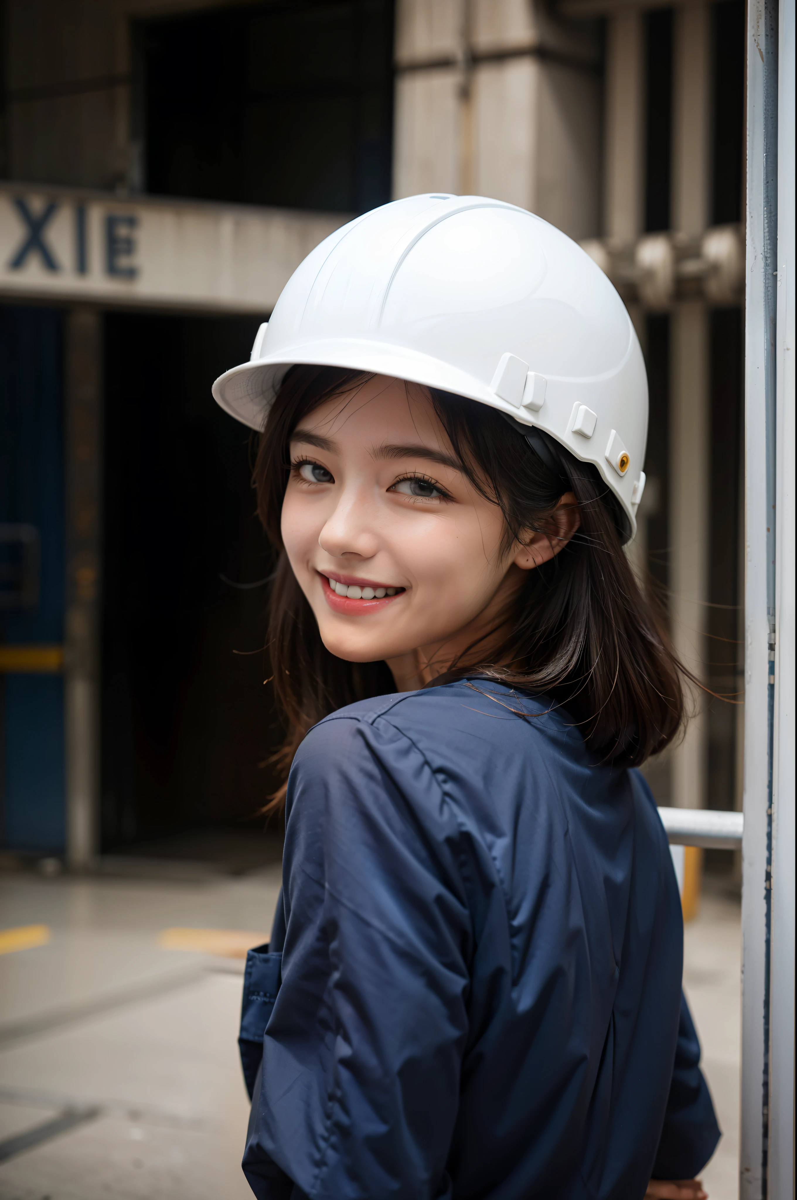 Beautiful girl in navy blue work clothes, Industrial White Helmet, Back shot, Smiling
