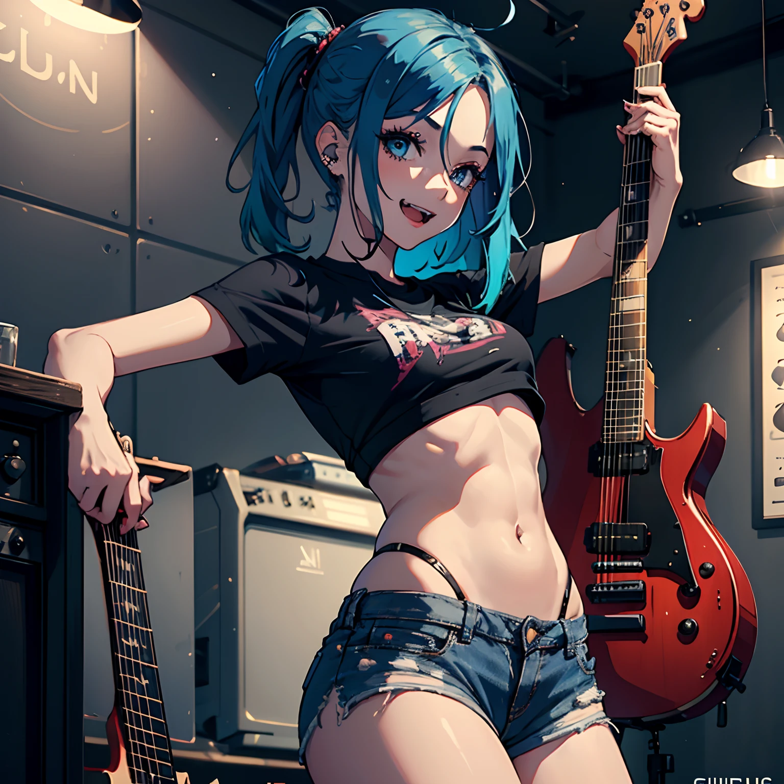 ((masterpiece)), 1girl, solo, black shirt, navel, crop top, punk, make up, abs, petite, skinny, indoors, club, small breasts, perfect body, shorts, ripped jeans, skindention, smile, open mouth, fang, teeth, spiky hair, blue hair, colored inner hair, (guitar)