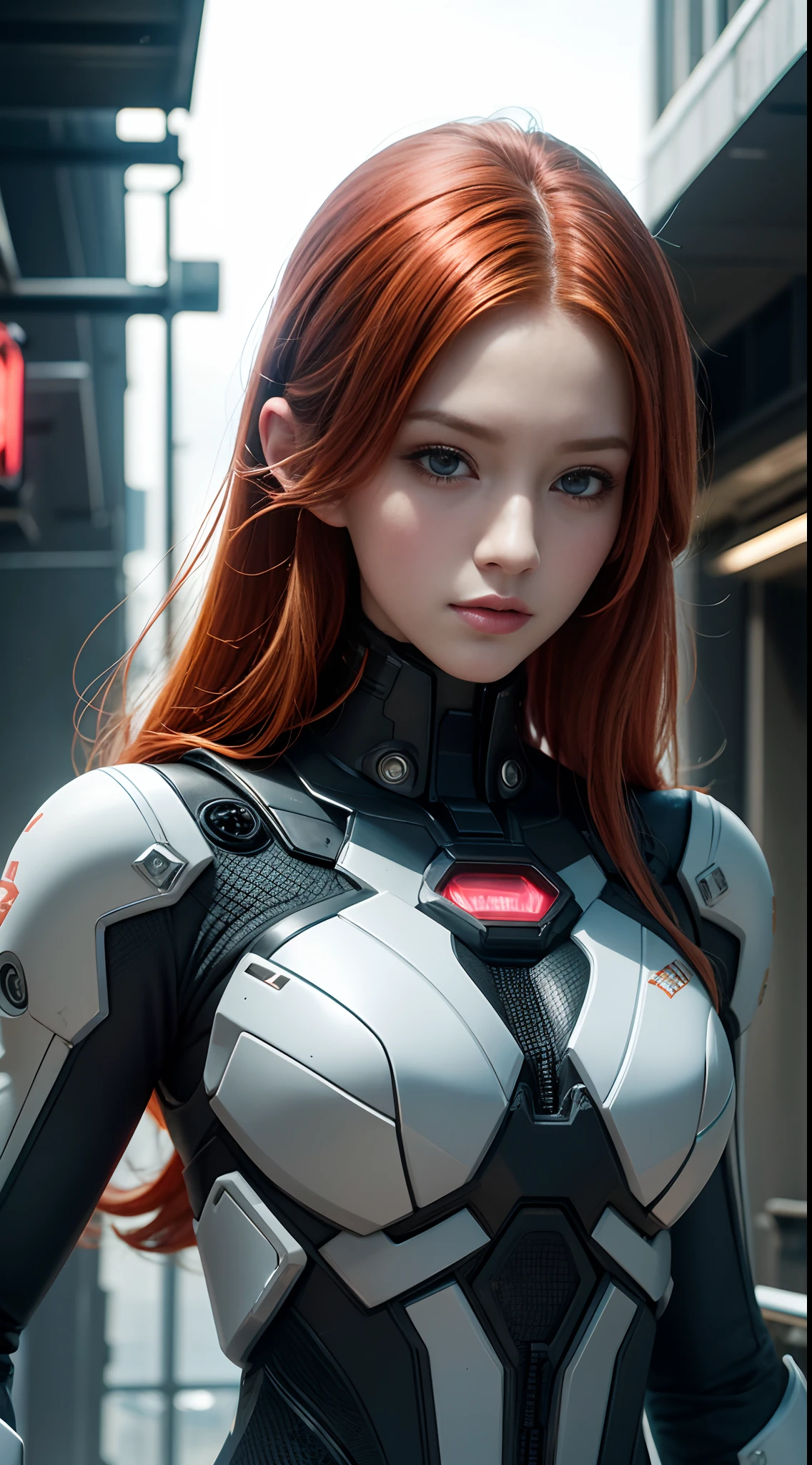 cyborg girl, beautiful eyes, battle field background, red hair, masterpiece, ultra high details
