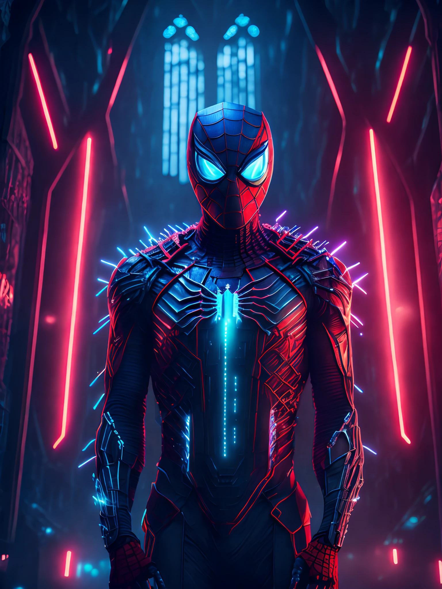 gloomy portrait of Terminator Spider-Man with intricate angular cybernetic implants inside a brutalist building, gothic brutalist cathedral, cyberpunk, award-winning photo, bokeh, neon lights, cybernetic limb