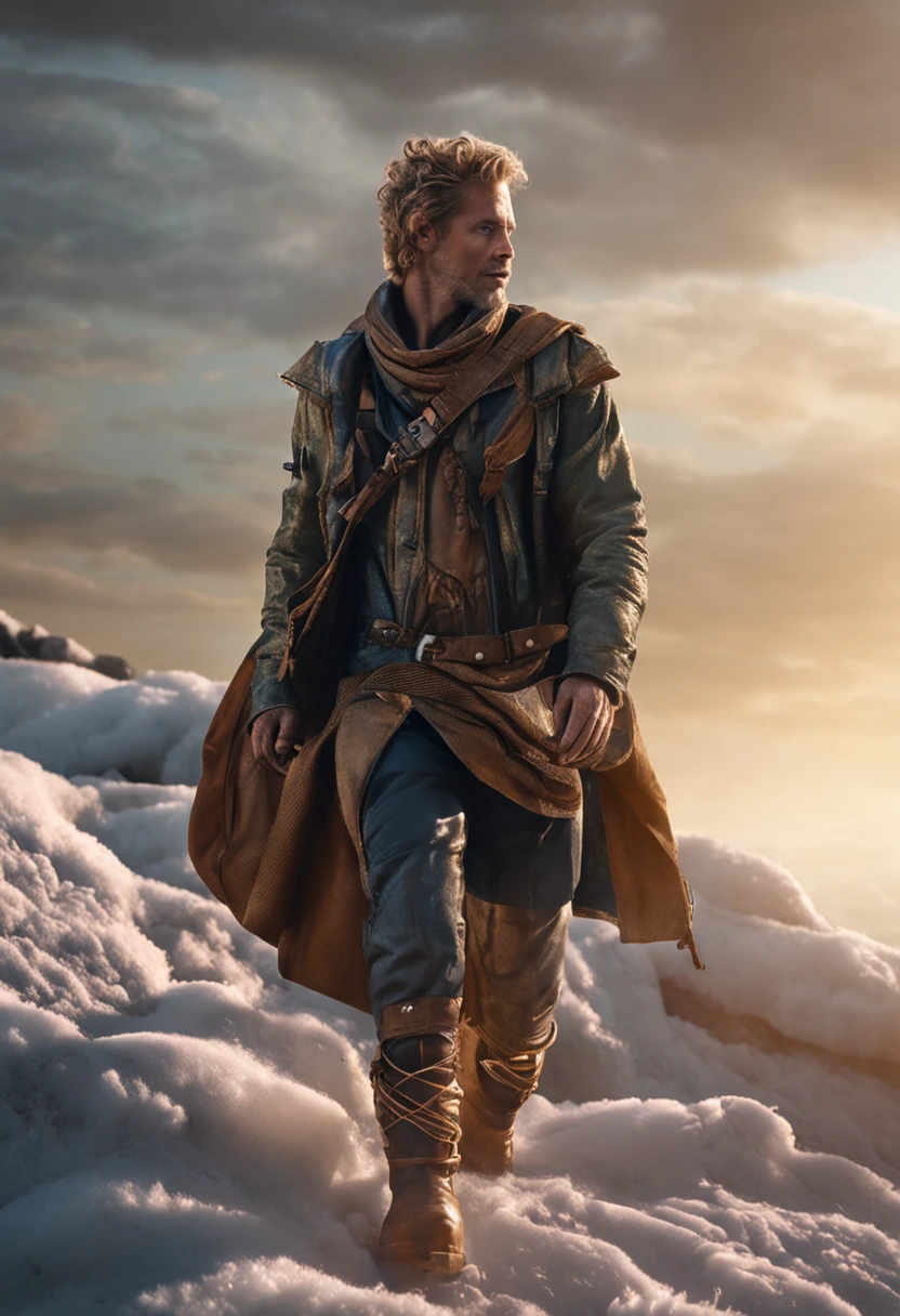 Create a realistic depiction of an adventurous god, with golden, rebellious hair reminiscent of the morning sun. His eyes sparkle with curiosity and determination. Wearing a weather-resistant cover, detalhes como dobras e texturas adicionam autenticidade. Botas de couro