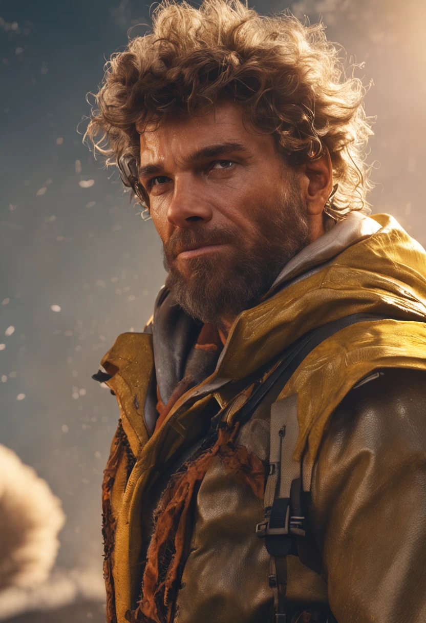 Create a realistic depiction of an adventurous god, with golden, rebellious hair reminiscent of the morning sun. His eyes sparkle with curiosity and determination. Wearing a weather-resistant cover, detalhes como dobras e texturas adicionam autenticidade. Botas de couro