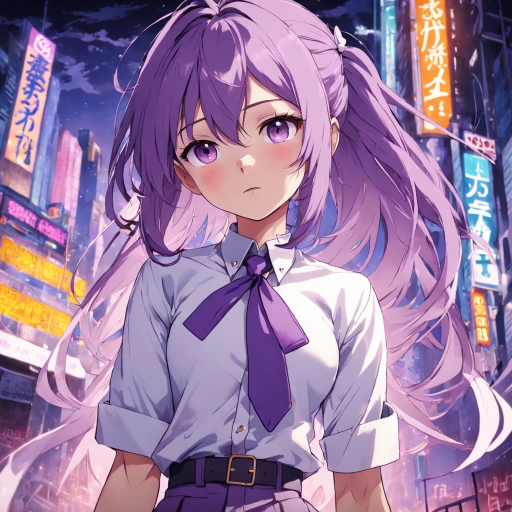Create a femboy that has mainly purple hair, but also has some highlights of light purple in his hair as well. Then make him wear a cropped white button up that goes all the way up to his chest and make it have read tie along with a belt strapped along his chest as well. make him have purple tattoos running down and up his sides.