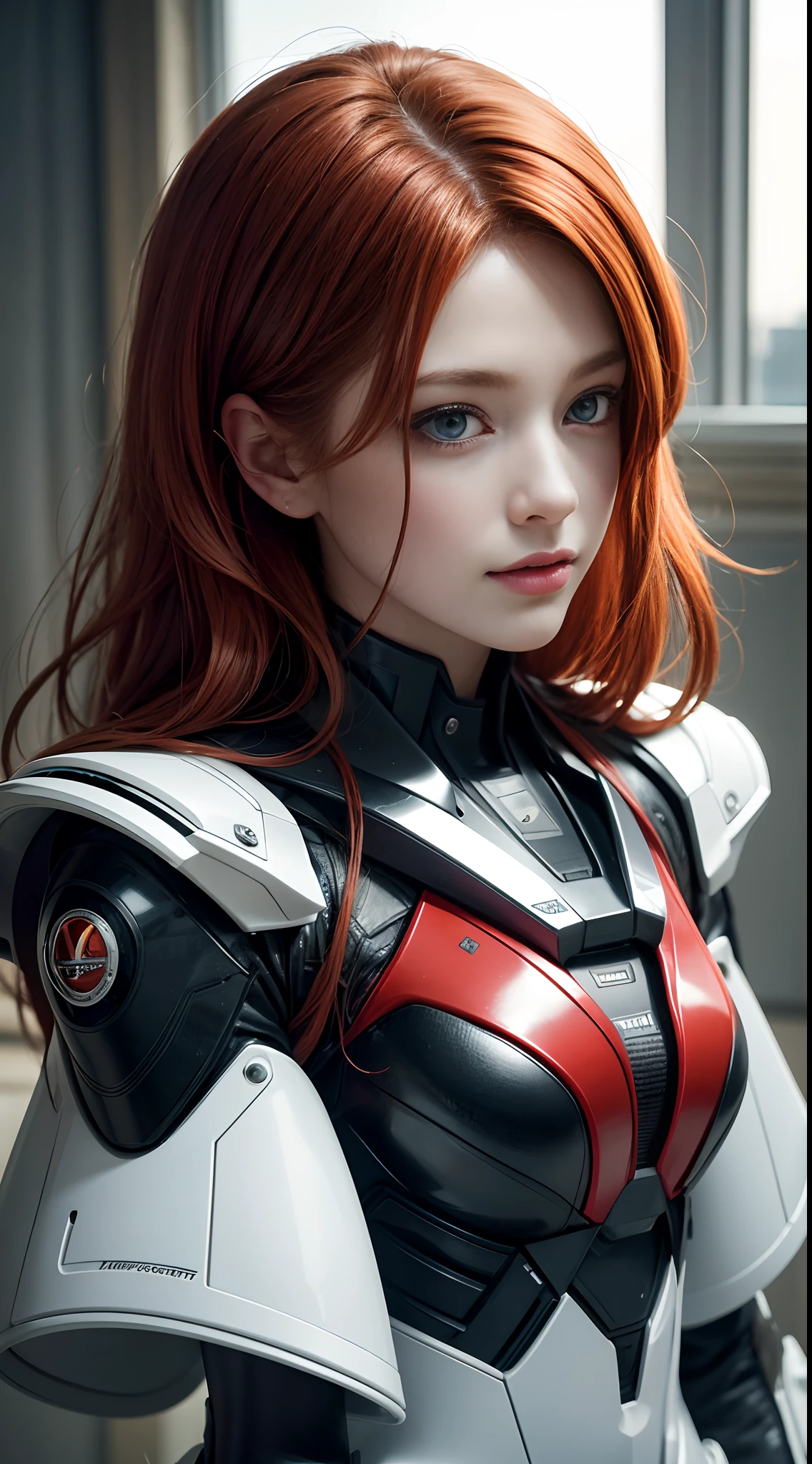 Photographic depiction of surreal portraits, Similar to the work of Anne Leibovitz, Features a charming redhead woman wearing a cyberpunk-style futuristic suit. She radiates happiness, Charming eyes and gorgeous hair, Show her beauty. Shot with a 35mm lens, warm color temperature, and soft, Diffuse lighting in a dreamy atmosphere. --v 5 --stylize 1000