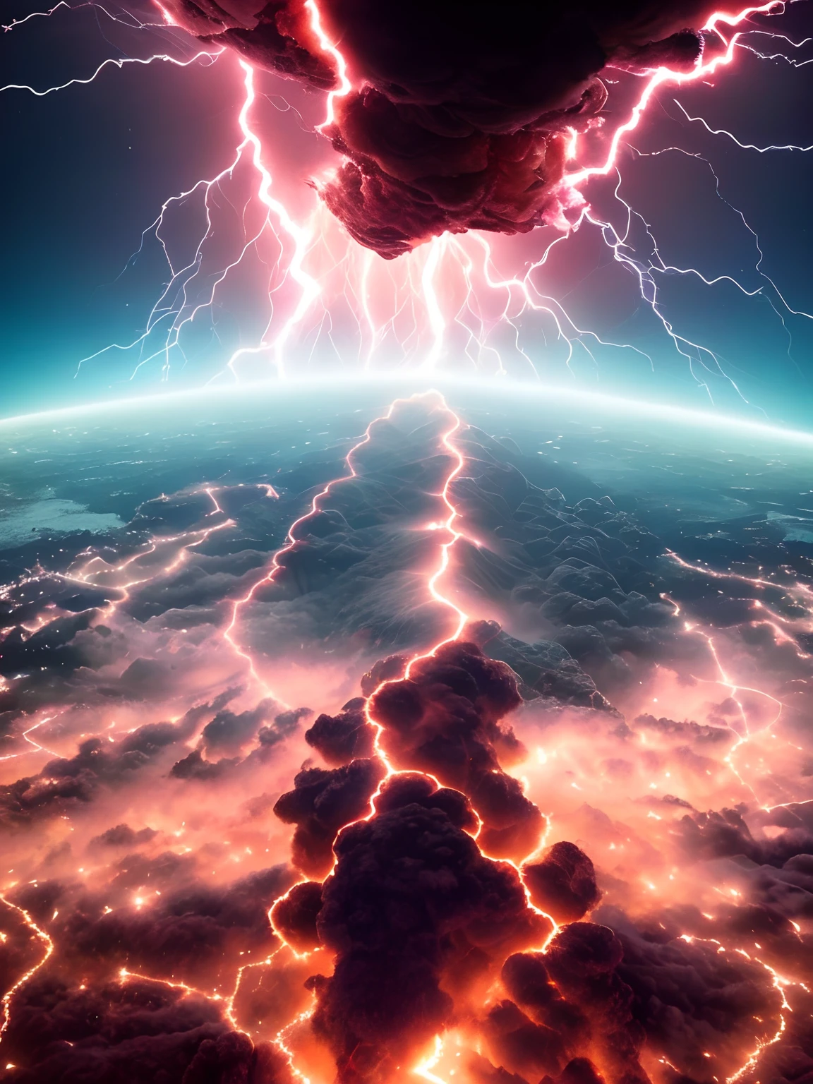 Hero View Shooting Angle)Attack from demogorgon upside down, Ultra alto detalle, fotorrealista, Extremely sharp, Obra maestra, 8k, Trazado de rayos, Highest rendering, Profundamente detallado, Antecedentes extremadamente detallados, perfectamente iluminado, cinematic lighting, nubes rojas brillantes, tormenta, Red lightning bolts, viento, particuls, polvo,Netflix,Stranger things,