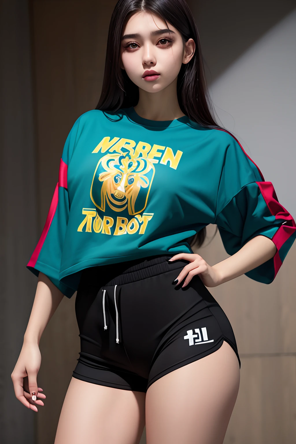 a beautiful 17yo Turki woman, oversize tshirt,sports short pants, sexy body, seductive expression, detail body and face.