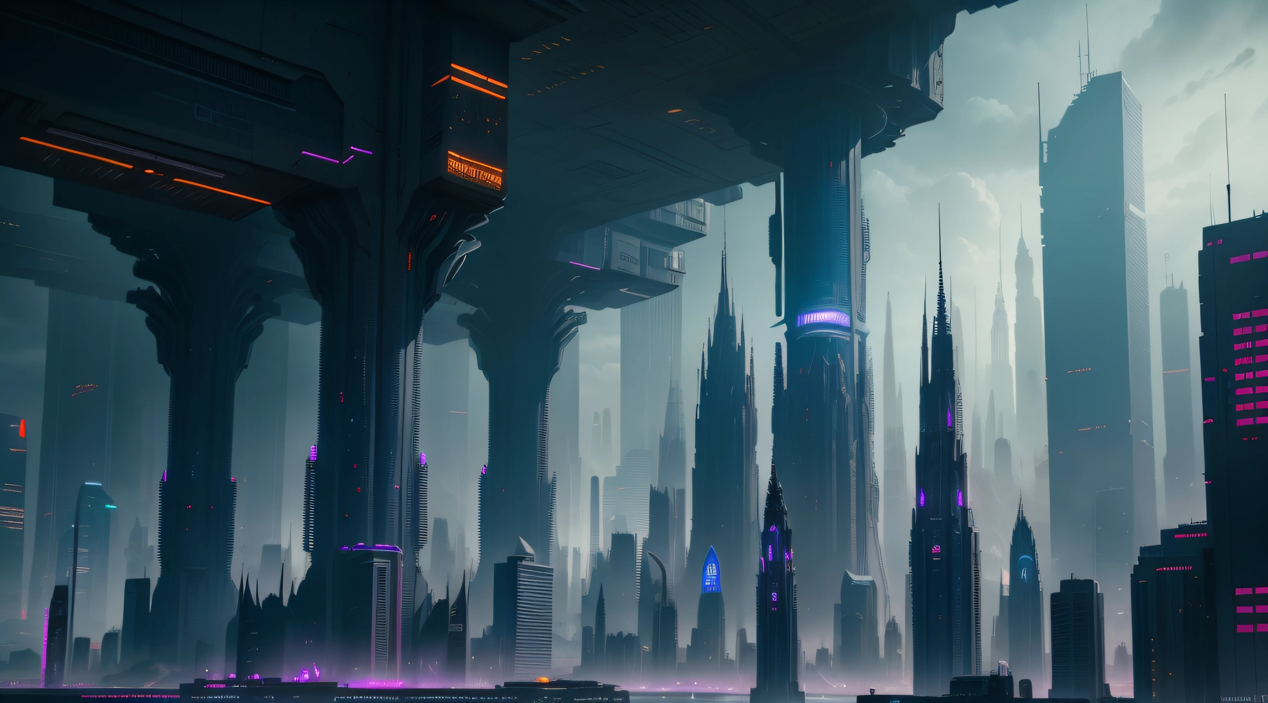 A city with many tall buildings and trains on tracks, dark futuristic city, in fantasy sci - fi city, Futuristic city landscape, cyberpunk cathedral, dark cyberpunk metropolis, in a futuristic cyberpunk city, sci fi city, Cyberpunk metropolis, cyberpunk city landscape, futuristic metropolis, cyberpunk city landscape, sci fi city, Cyberpunk city, Futuristic city landscape, futuristic dystopian city