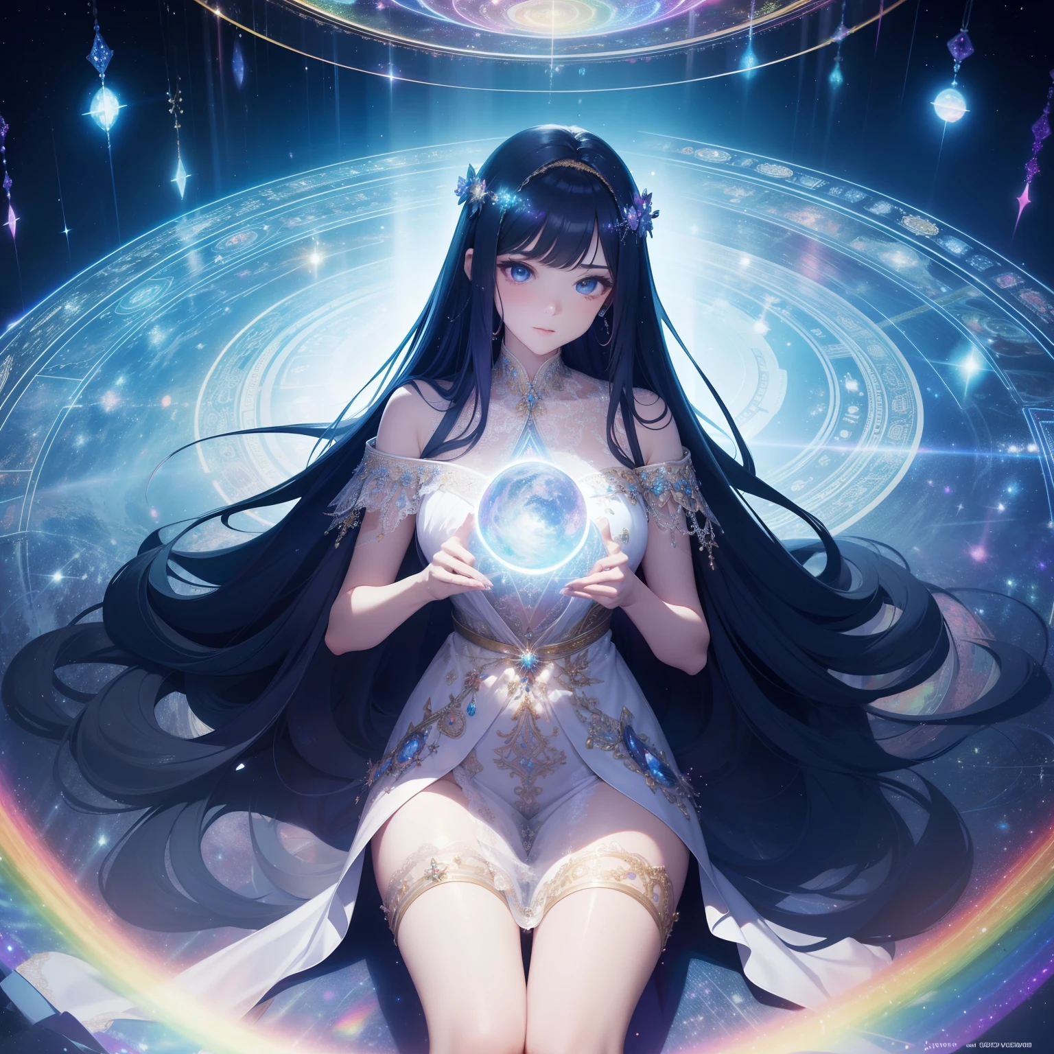 An ultra-high picture quality, Super Detail, 超A high resolution, super beautiful goddess, Lace Robe Dresses, great proportion, Background Fantasy, Galaxy, Magic Circle, Kaleidoscope, Rainbow and golden neon lights emitting many lines radiating from the floor and ceiling, planet, thunder, thunderstorm, Professional Lighting