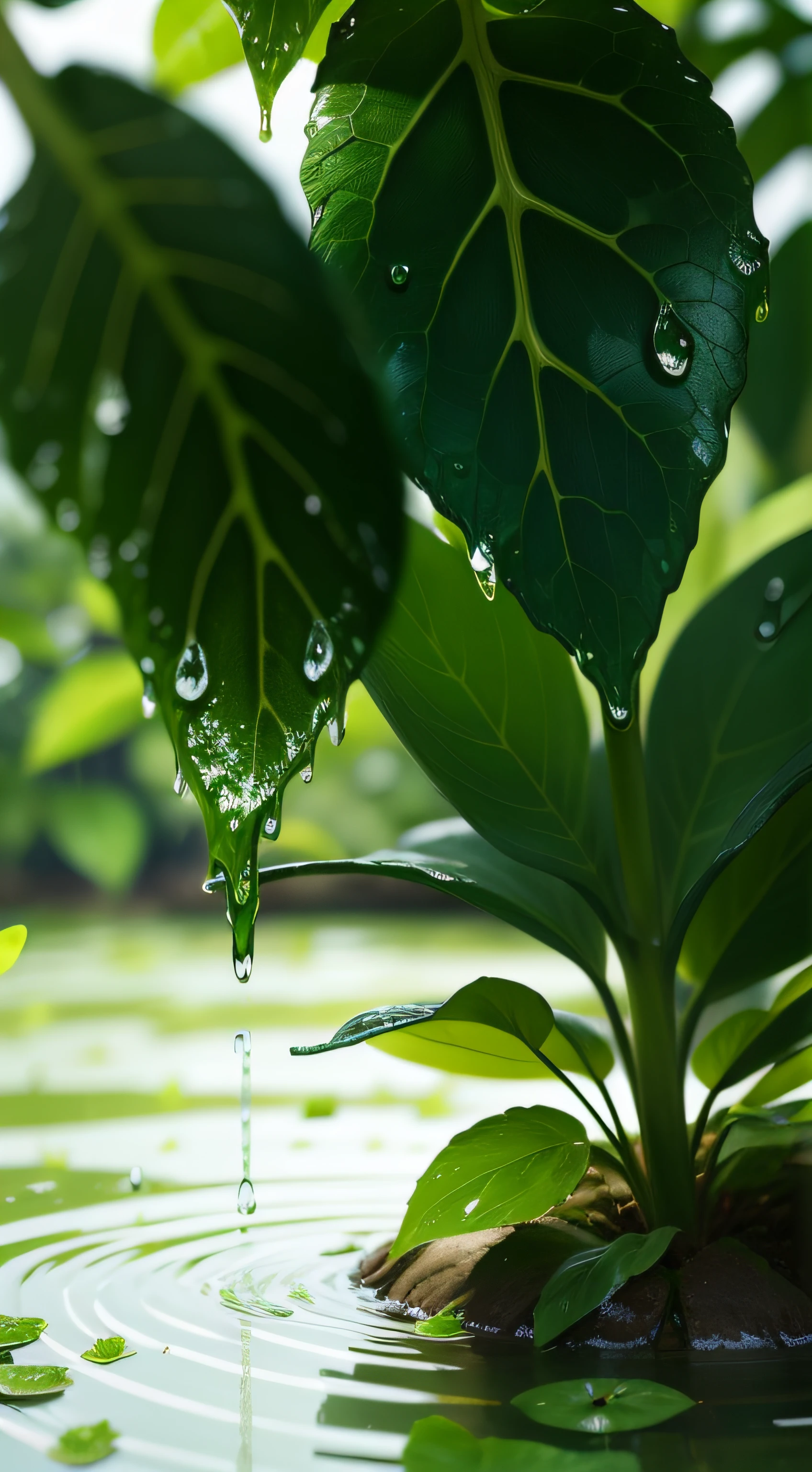 green color,leafs,water dripping,The background is blurred out