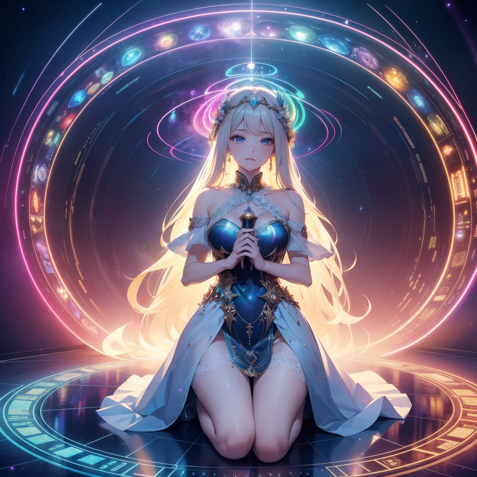 An ultra-high picture quality, Super Detail, 超A high resolution, super beautiful goddess, Lace Robe Dresses, great proportion, Background Fantasy, Galaxy, Magic Circle, Kaleidoscope, Rainbow and golden neon lights emitting many lines radiating from the floor and ceiling, planet, thunder, thunderstorm, Professional Lighting