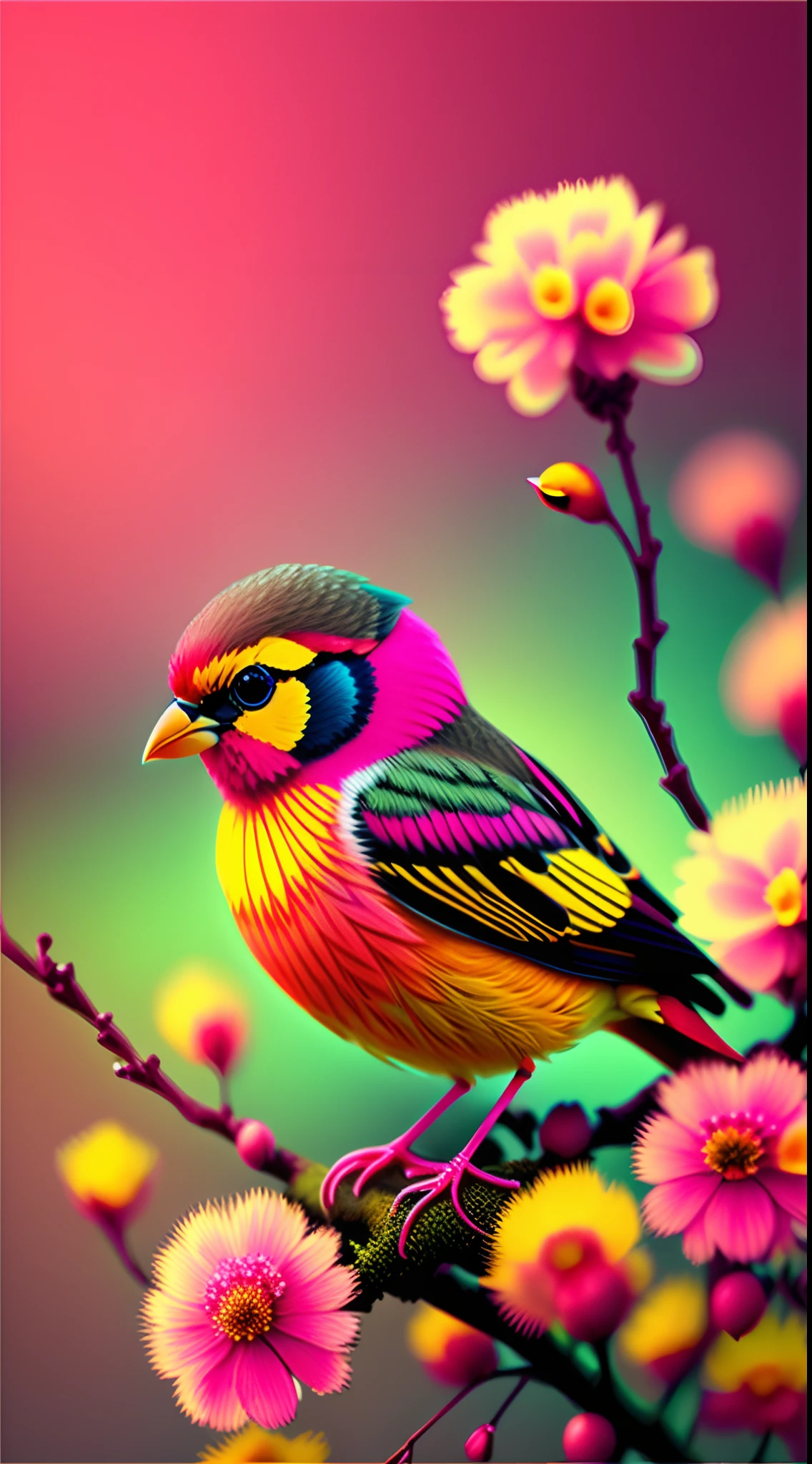 pink flowers, CGI art, red-yellow color, surreal sparrow, Pinterest, photorealistic art style, rich colors, AI-generated images, highly detailed portrait, bird sitting on a branch singing for you, breathtaking rendering