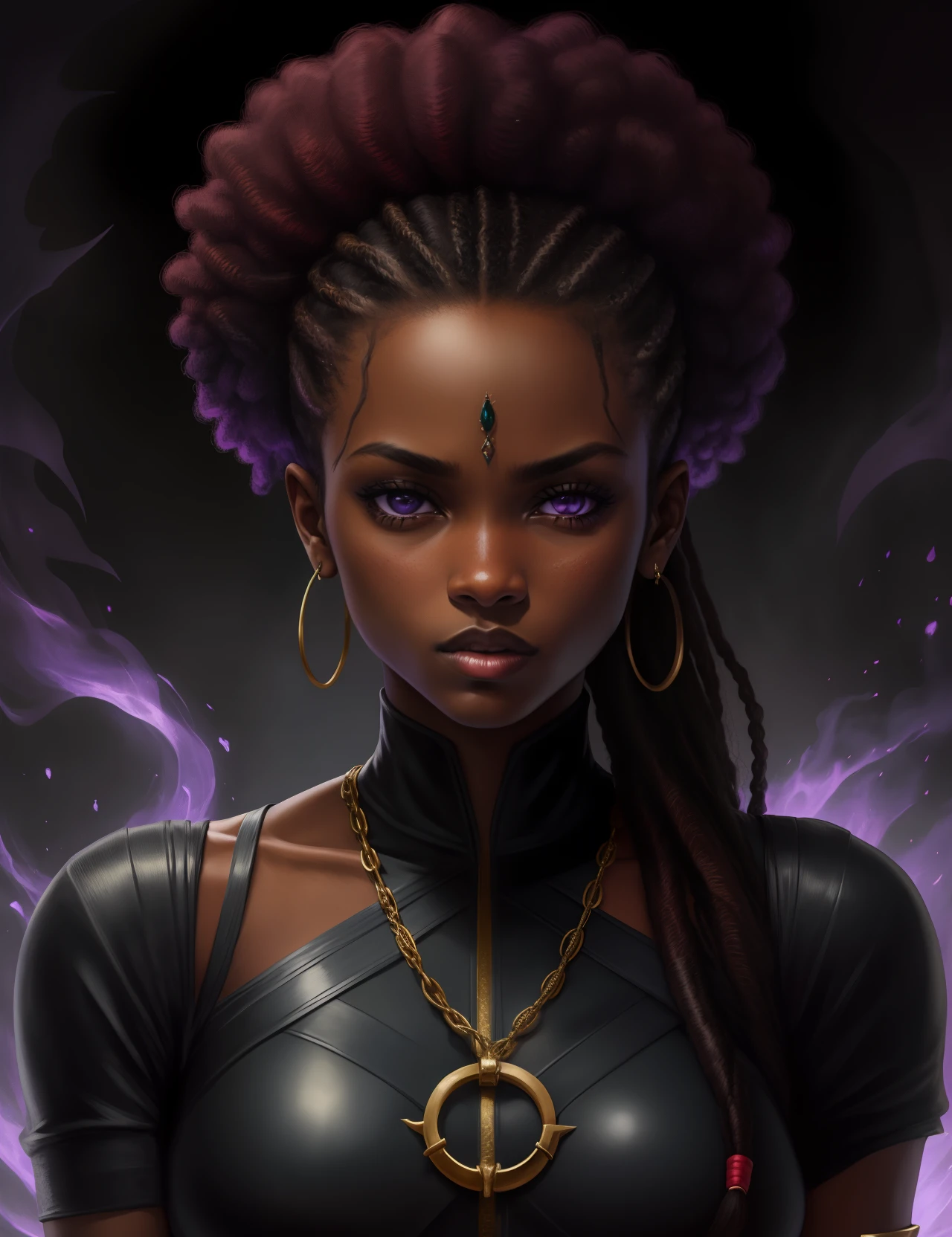 retrato, master part, Excelente qualidade, 1girl, sozinho, detalhes intrincados, color diffusion, Foto em close-up, Mulher afro-americana, dark skinned female, Pele negra, corpo magro, Coxas, longos dreadlocks pretos, Cabelos escuros, cabelos pretos, Purple eyes, cabo, capa, Pose de batalha, Badass, Demon of lust, Super Villain, scientific fiction, fantasia