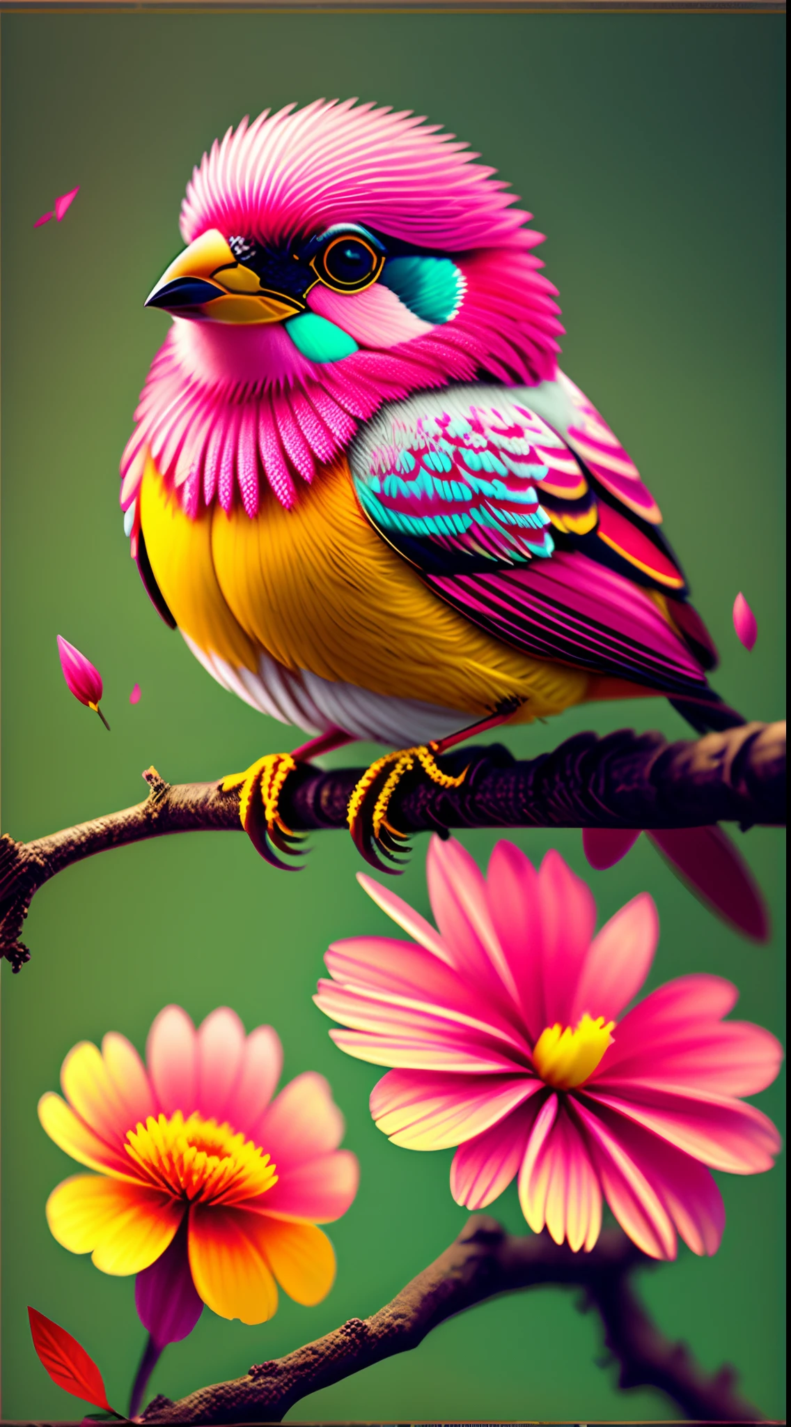 pink flowers, CGI art, red-yellow color, surreal sparrow, Pinterest, photorealistic art style, rich colors, AI-generated images, highly detailed portrait, bird sitting on a branch singing for you, breathtaking rendering