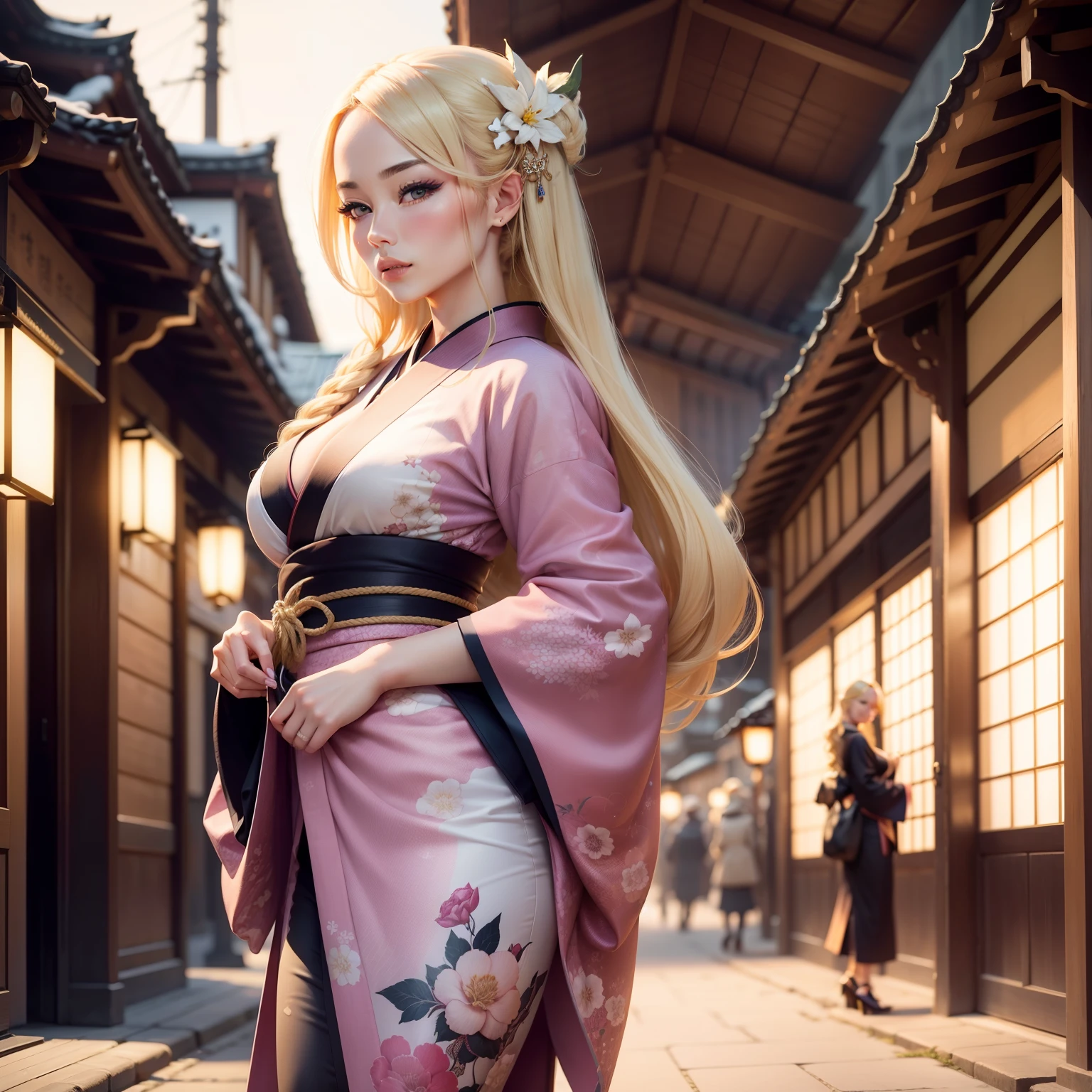 Sexy woman with long eyelashes with outstanding style tying blonde hair in front of historical buildings in Japan wearing flashy patterned kimono