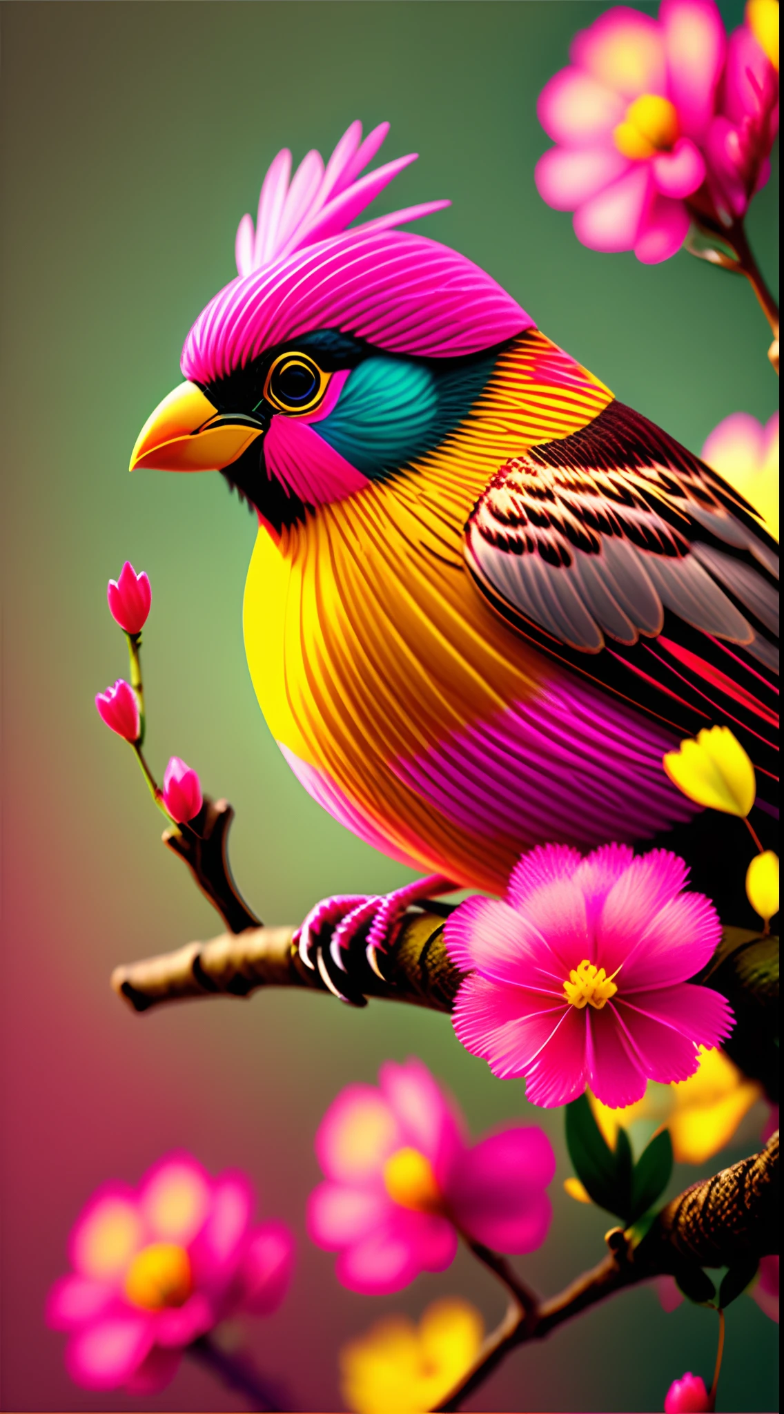 pink flowers, CGI art, red-yellow color, surreal sparrow, Pinterest, photorealistic art style, rich colors, AI-generated images, highly detailed portrait, bird sitting on a branch singing for you, breathtaking rendering