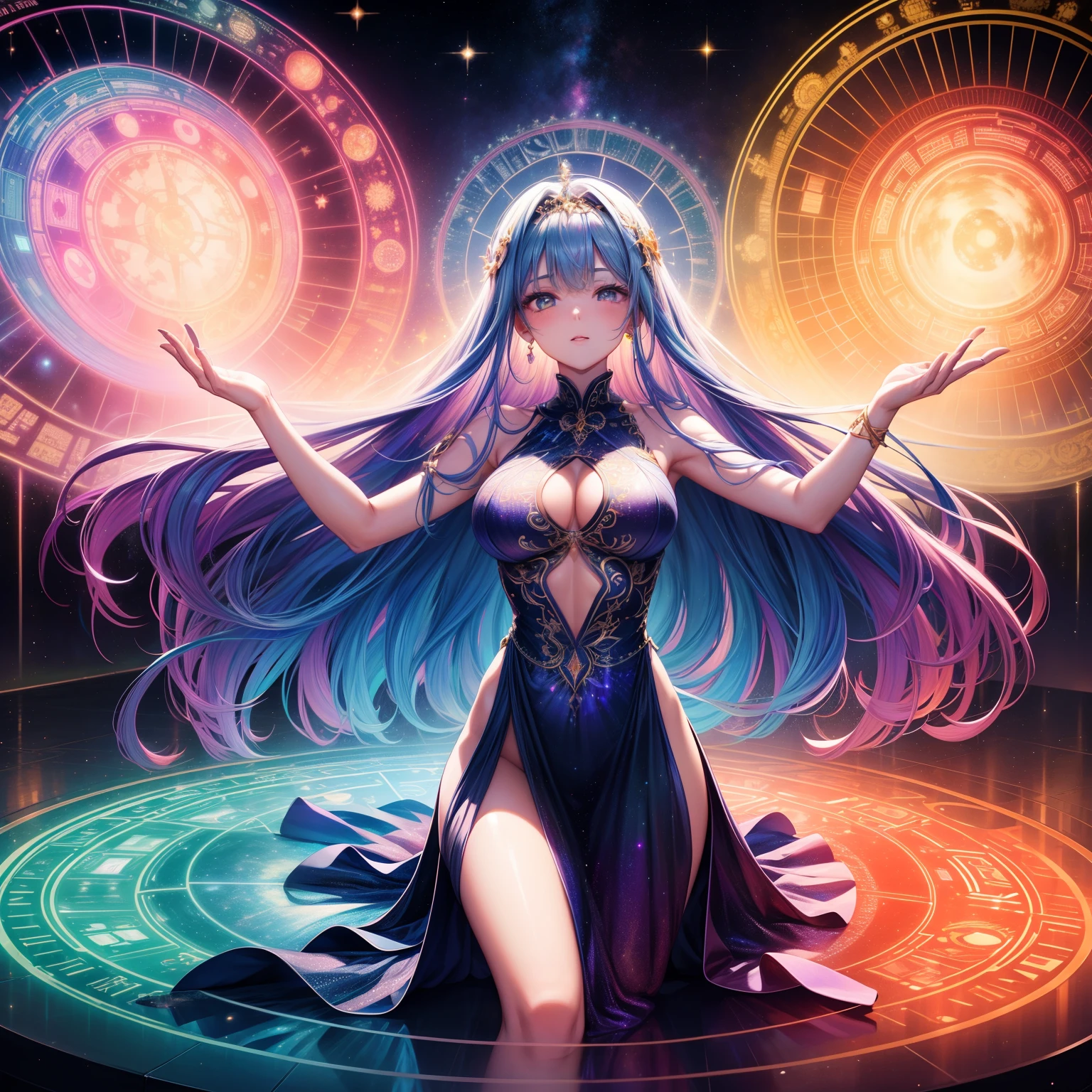 An ultra-high picture quality, Super Detail, 超A high resolution, super beautiful goddess, Lace Robe Dresses, great proportion, Background Fantasy, Galaxy, Magic Circle, Kaleidoscope, Rainbow and golden neon lights emitting many lines radiating from the floor and ceiling, planet, thunder, thunderstorm, Professional Lighting