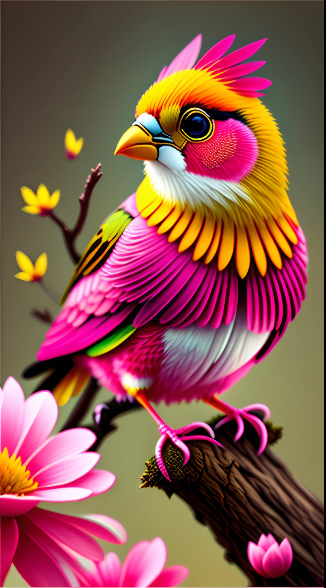 pink flowers, CGI art, red-yellow color, surreal sparrow, Pinterest, photorealistic art style, rich colors, AI-generated images, highly detailed portrait, bird sitting on a branch singing for you, breathtaking rendering