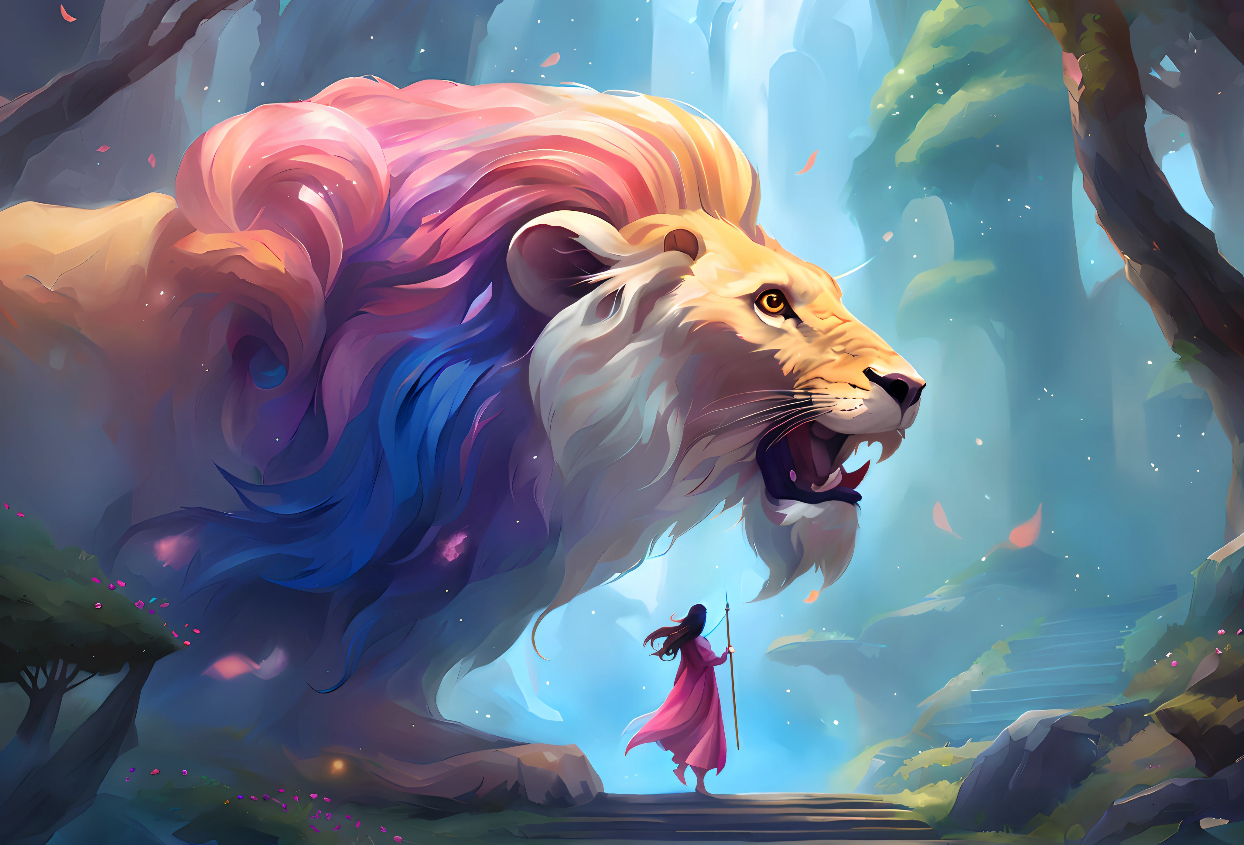 dream colors,tmasterpiece,the detail,film effect,((Rich in color)),mito,An evil creature, Snake body,Sheep horns,A monkey head,Shiny hair,manticore,Rush to the audience,Line,Draw a woman standing in front of a lion in the forest, epic fantasy digital art style, epic fantasy art style, a beautiful artwork illustration, fantasy art style, epic fantasy art style high-definition, realistic fantasy illustration, fantasy art Behance, epic fantasy illustration, epic digital art illustration, epic fantasy art style art, rich and colorful digital fantasy art, epic full color illustration