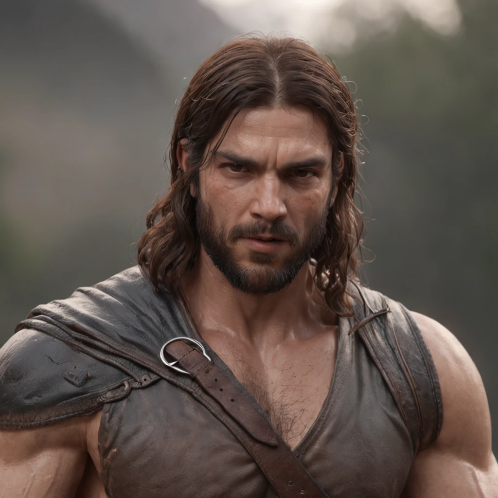 (Professional 3D rendering:1.3) de (Realistic:1.3) Foto de arte mais bonita do mundo,Features soft, bright male heroes, ((Epic hero fantasy rough muscular man wet hero angry look long hair short beard and fierce expression in dynamic pose, fantastic location, majestoso ambiente desordenado)), corpo inteiro 8k unidade render, action shot, poros da pele, very dark lighting, sombreamento pesado, circunstanciado, Rosto detalhado, (vibrante, fotogrdeia realista, Realistic, Dramatic, Escuro, foco nítido, 8k), (Old leather clothes damaged by bad weather:1.4), ((((Use peles)))), (intrincado:1.4), decadente, (altamente detalhado:1.4), pintura digital, rendering by octane, art stations, Conceito-Arte, liso, foco nítido, illustration, germe da arte, (Loish:0.23), Wlop Ilya Kuvshinov, e Greg Rutkowski e Alphonse Mucha Gracias, (global ilumination, studiolight, Light Volumetric), chuva forte, floating particles, patife, fantasia, Onze, corpo inteiroesbian, ((Fundo escuro e antigo da cidade:1.3)),CGSesociedade,art stations