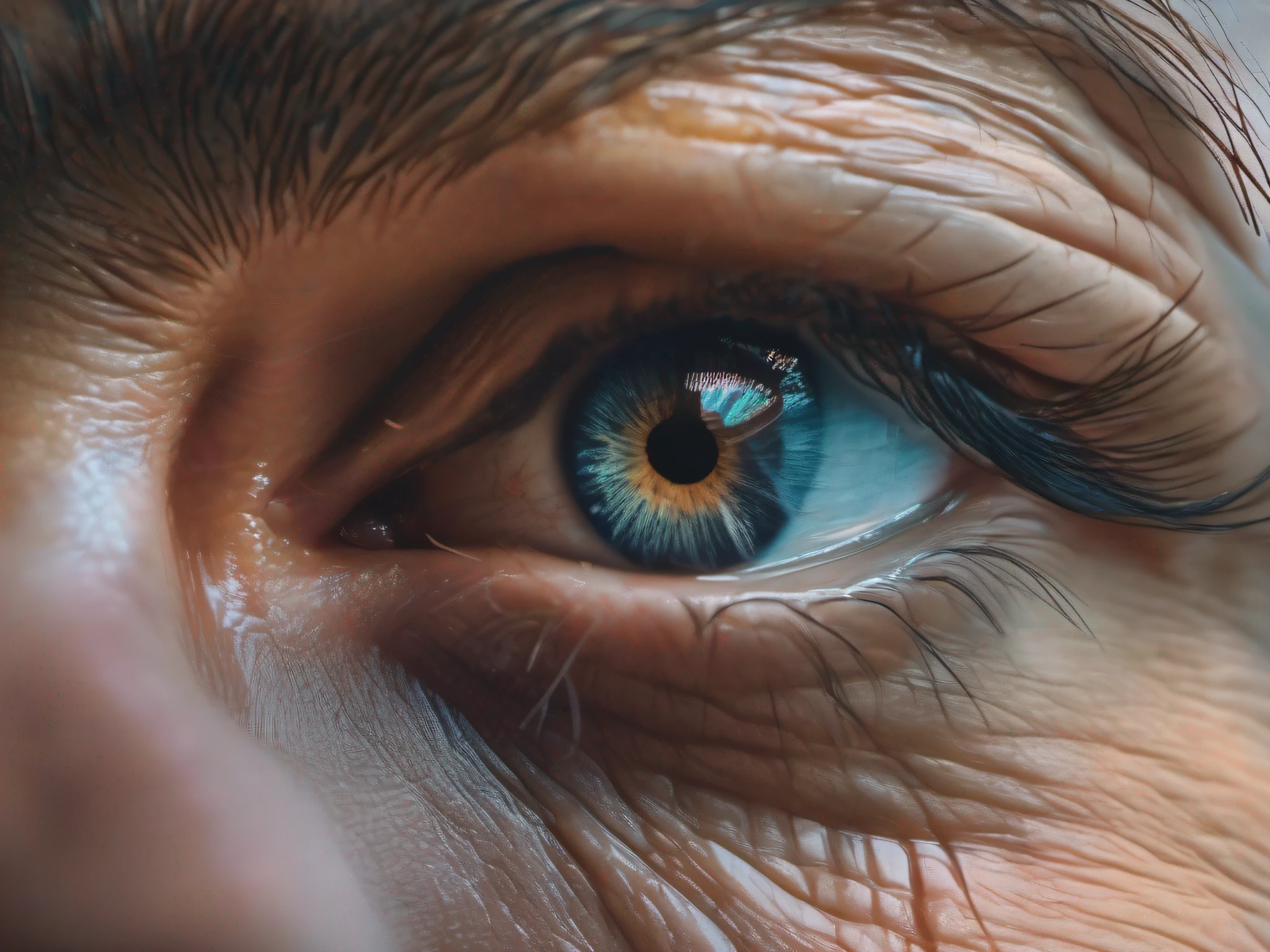 Close-up em um olho humano arregalado, reflecting the attack of a knife in his direction, cores vibrantes, ultra detalhado, arte intrincado, 8K