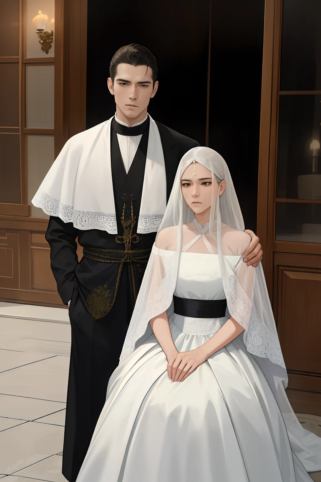 NSFW, obra-prima, melhor qualidade, ultra-detalhado, semi-realista, detailedfacialfeatures, casal, 1homem adulto, usando terno escuro, cabelos curtos aparados, cor negro, olhos escuros, manly, goodlooking,alto e forte,distinto senhor altivo,honrado,serious man e 1mulher adulta, usando vestido longo escuro, cabelos compridos , cor negros, olhos escuros,muito bonita,voluptuosa,distinta senhora altiva,honrada,Serious woman and her husband acting with indifference