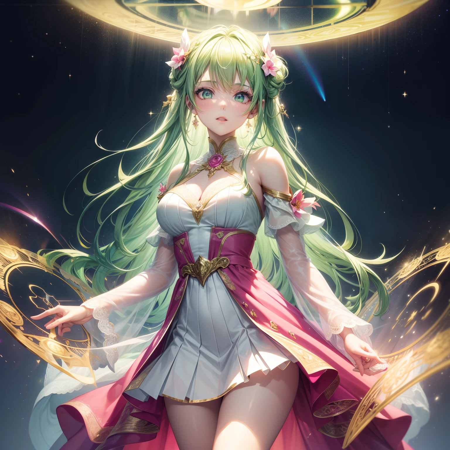 super high image, super detail, super high resolution, super beautiful goddess, light green glossy french braid hair, green big sparkling eyes, pink alluring moist lips, lace robe dress, perfect proportion, slender, full body, background fantasy, galaxy, magic circle, kaleidoscope, give off rainbow and gold neon light many lines radially from floor and ceiling, planet, thunder, thunderstorm, professional lighting