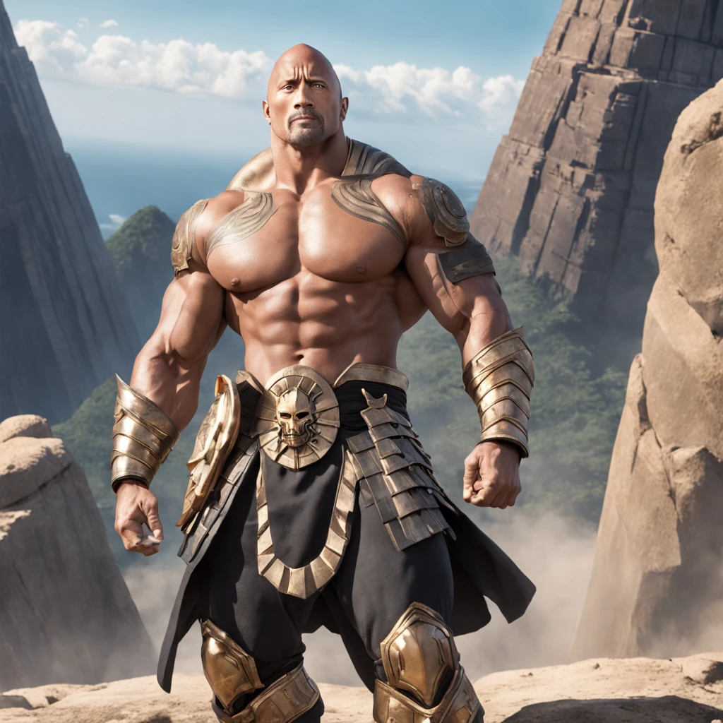 Descreva uma imagem de Dwayne Johnson com o cabelo preto cumprido , in the role of the Scorpio King, Standing atop an ancient pyramid, com o sol se pondo ao fundo, highlighting his imposing armor and determined expression.