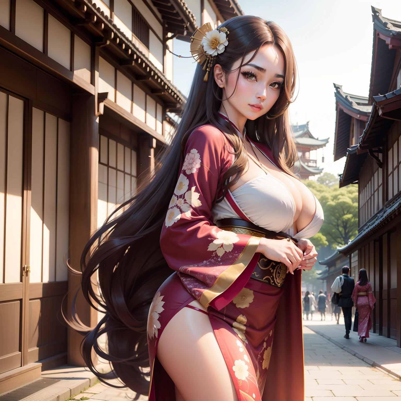 Sexy woman with long brown hair in front of historical building in Japan、Woman wearing a flashy kimono with long lashes with a clean face with big breasts with outstanding style