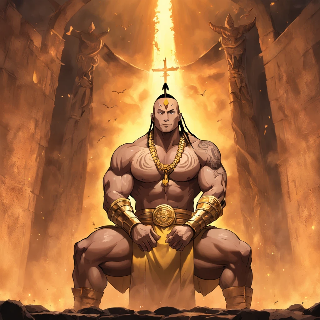 Imagine an image that depicts the moment when Dwayne Johnson's character is crowned as the Scorpion King, cercado por sacerdotes e sacerdotisas em um antigo templo, while a mystical aura surrounds him.