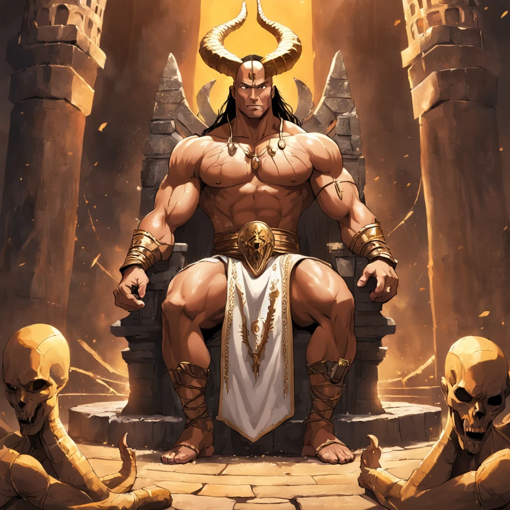 Imagine an image that depicts the moment when Dwayne Johnson's character is crowned as the Scorpion King, cercado por sacerdotes e sacerdotisas em um antigo templo, while a mystical aura surrounds him.
