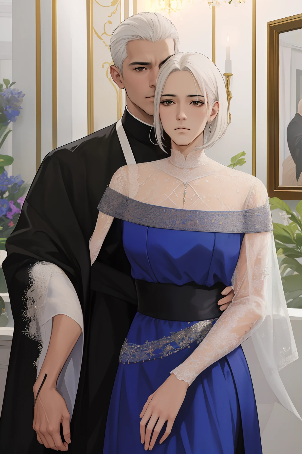 NSFW, obra-prima, melhor qualidade, ultra-detalhado, semi-realista, detailedfacialfeatures, casal, 1homem adulto, usando terno escuro, cabelos curtos aparados, cor negro, olhos escuros, manly, goodlooking,alto e forte,distinto senhor altivo,honrado,serious man e 1mulher adulta, usando vestido longo escuro, cabelos compridos , cor negros, olhos escuros,muito bonita,voluptuosa,distinta senhora altiva,honrada,Serious woman and her husband acting with indifference