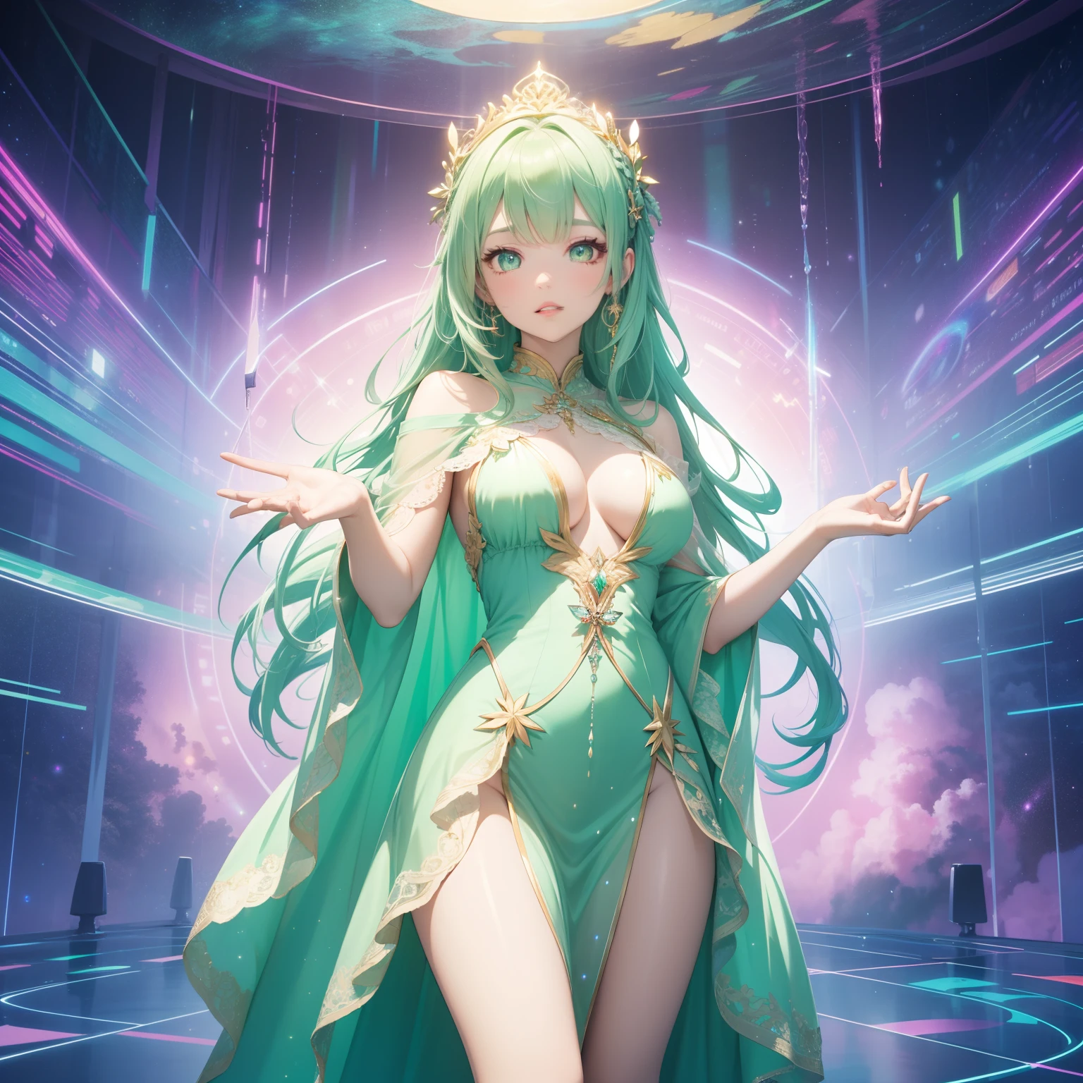 super high image, super detail, super high resolution, super beautiful goddess, light green glossy french braid hair, green big sparkling eyes, pink alluring moist lips, lace robe dress, perfect proportion, slender, full body, background fantasy, galaxy, magic circle, kaleidoscope, give off rainbow and gold neon light many lines radially from floor and ceiling, planet, thunder, thunderstorm, professional lighting