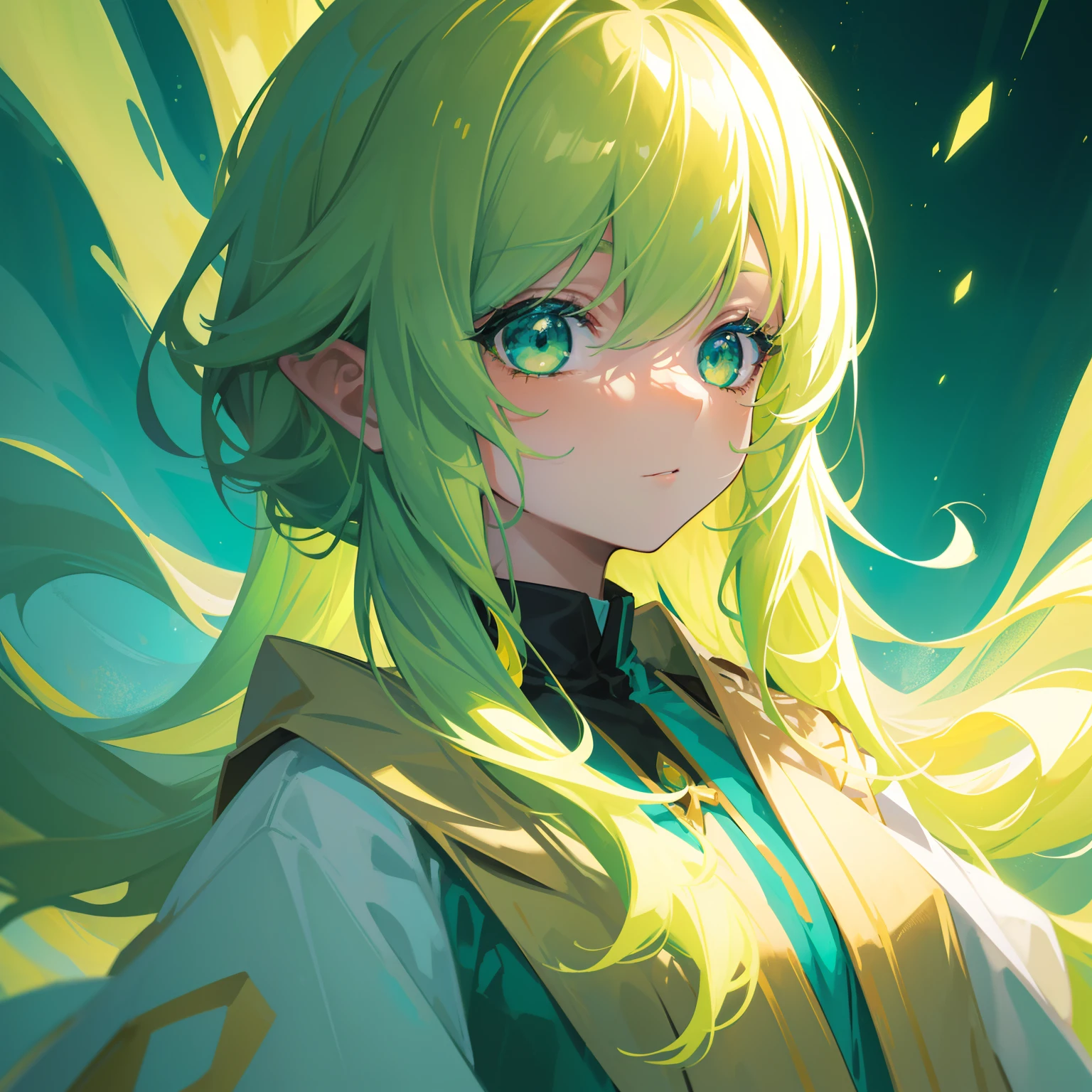 {{Best quality}}, {{Masterpiece}}, {{super ultra detail}}, {{illustration}}, {{Detailed light}}, one-girl，Lime yellow hair，O cabelo multicolorido, Turquoise eyes, Loli style, beast ear，The robes of the priests，green color，(Dynamic lighting:1.2)，