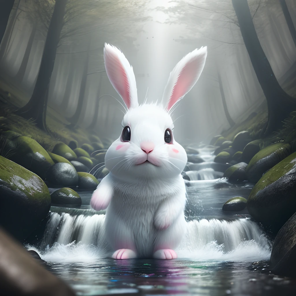 a photo of the bunny with a rainbow T-shirt and painful face when he falls and lay down into the stream, a panorama view, wet illustration, (((scare stream))), vibrant colors, action shots, 3D cartoon character, photorealistic 3d rendering, realistic photography, cinematic scenes, smoke around, 4k resolution, foggy, misty