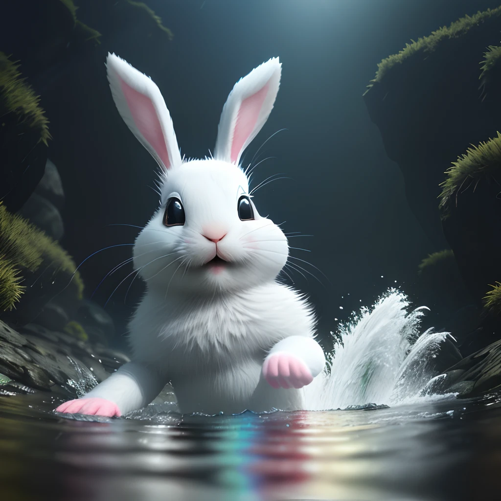 a photo of the bunny with a rainbow T-shirt and painful face when he falls and lay down into the stream, a panorama view, wet illustration, (((scare stream))), vibrant colors, action shots, 3D cartoon character, photorealistic 3d rendering, realistic photography, cinematic scenes, smoke around, 4k resolution, foggy, misty