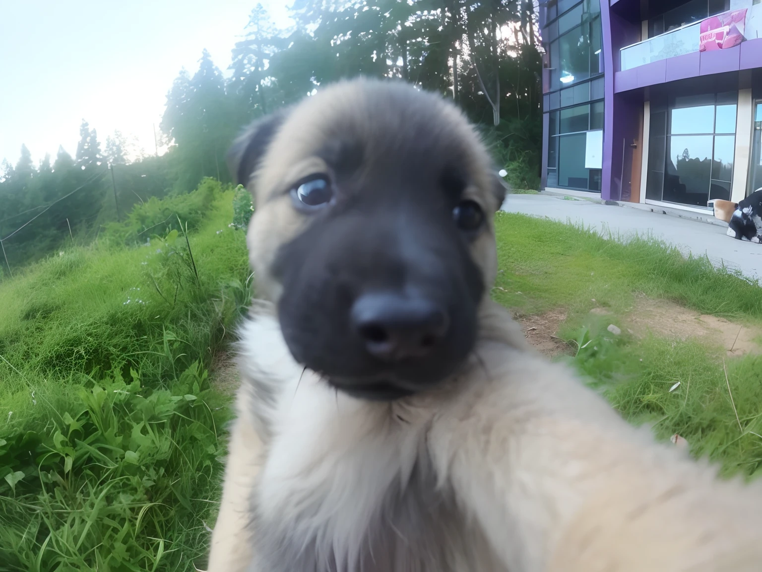 There was a puppy looking at the camera, selfie of a dog, winking at the camera, looking up at camera, look straight at the camera, stares at the camera, front-facing looking at camera, look straight at the camera, front-facing looking at camera, looking up at camera, with cute doting eyes, cute and friendly eyes, accidentally taking a selfie