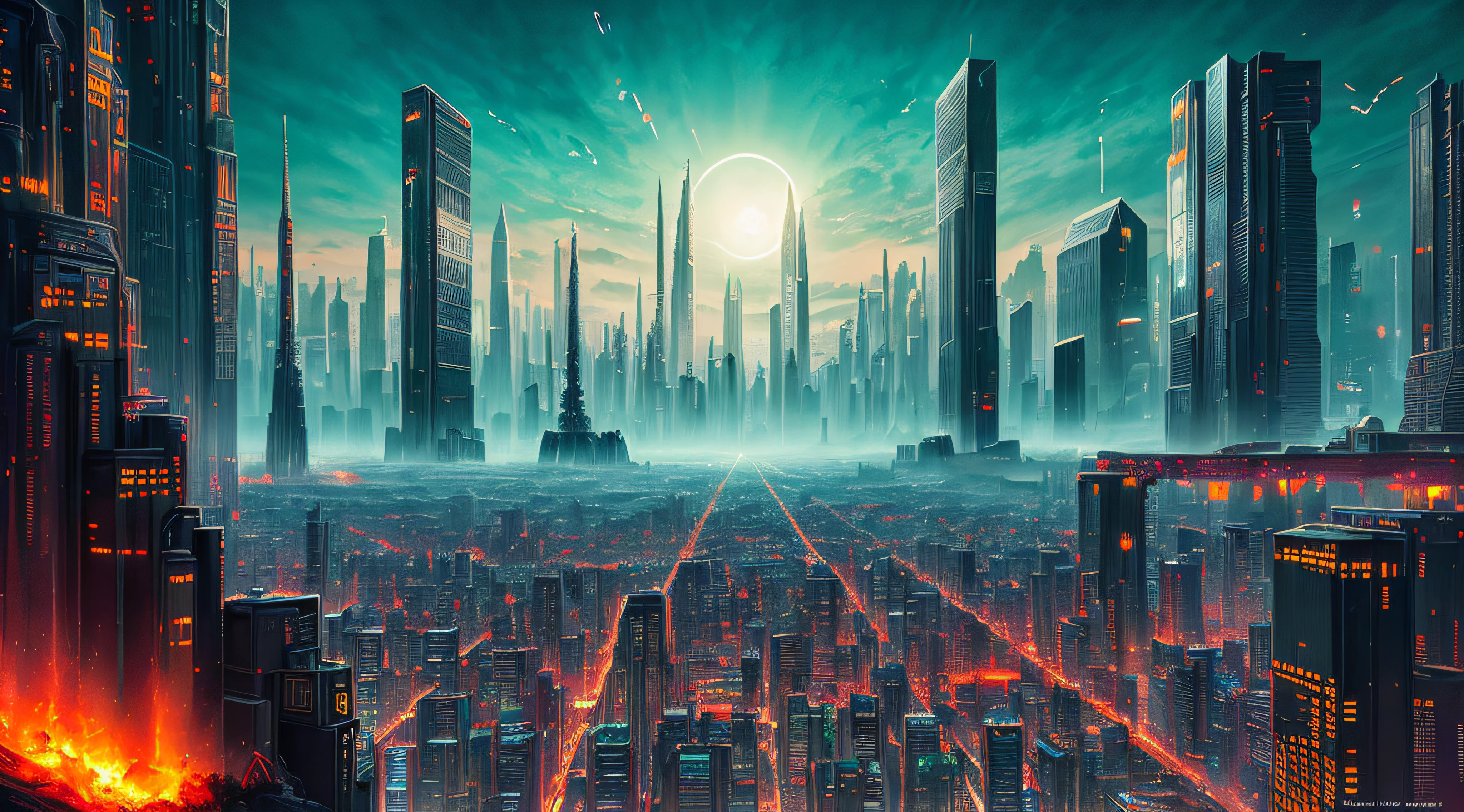 The painting depicts a surreal and futuristic landscape, A blend of awe-inspiring beauty and terror. The sky is deep, Pulsed red, The clouds seem to be alive，On the move. In the distance, Great city view view, towering skyscrapers, Neon lights, and a row of buildings. The city is illuminated by various colors and displays, Adds an overall feeling of awe and wonder.

Sin embargo, There is also a sense of horror in the picture. Buildings and structures appear to be in a state of decay and disrepair, Broken windows, Missing parts, and cracked facades. The city is vibrant, But there is a sense of confusion and unease, It seems that something is wrong.

In the foreground, There is a huge one, Sentient beings, With a distorted and inhuman appearance. Presence consists of wires, circuit, and mechanical parts, It seems to be coming out of the ground, As if rising from the depths of the earth. Its eyes glow with an intense, Red light, Its mouth opened, Rows of sharp sharpness are revealed, Metal teeth.

The background is shrouded in darkness, Only a few, Dim lights are visible in the distance. There is a sense of the unknown and uncertainty, As if the world beyond the cityscape is vast and wild.

The painting captures the essence of a surreal and futuristic world, A blend of awe-inspiring beauty and terror. The images are visually stunning, It shows the world in new and unusual eyes, A mix of the familiar and the unknown.

High detail RAW color art, animation, Cartoon, (white theme), (intricately details, Fine details, ultra - detailed), Ray traching, Subsurface scattering, ((pastel colour)), diffused soft lighting, Shallow depth of field, By (Oliver Wetter), author：Stanley Kubrick, shot on a Canon EOS R5, 28mm lens, f/2.8, Sharp focus bokeh