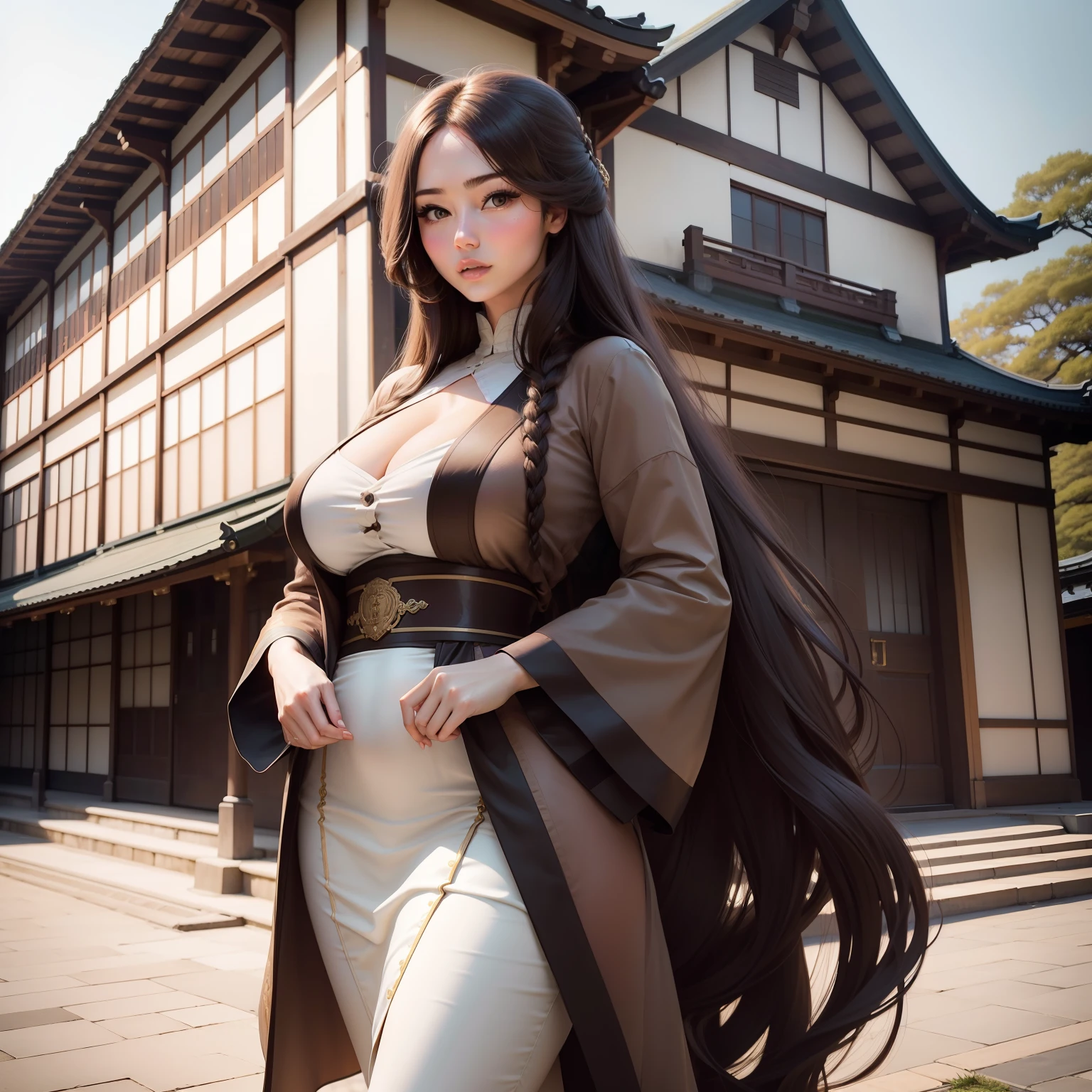 Woman with very long hair. Her hair covers her large chest