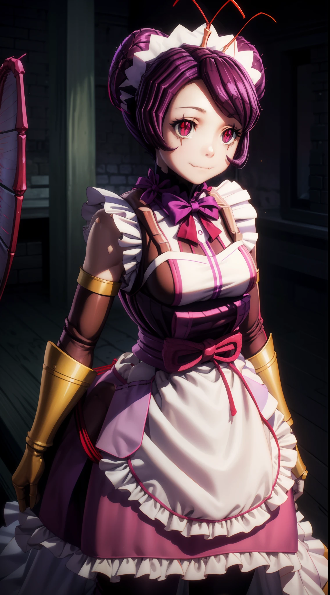 focused to upper body, realistic, 1girl, purple hair, sparkling red eyes, maid outfit, standing pose, (insect lair background), perfect limbs,