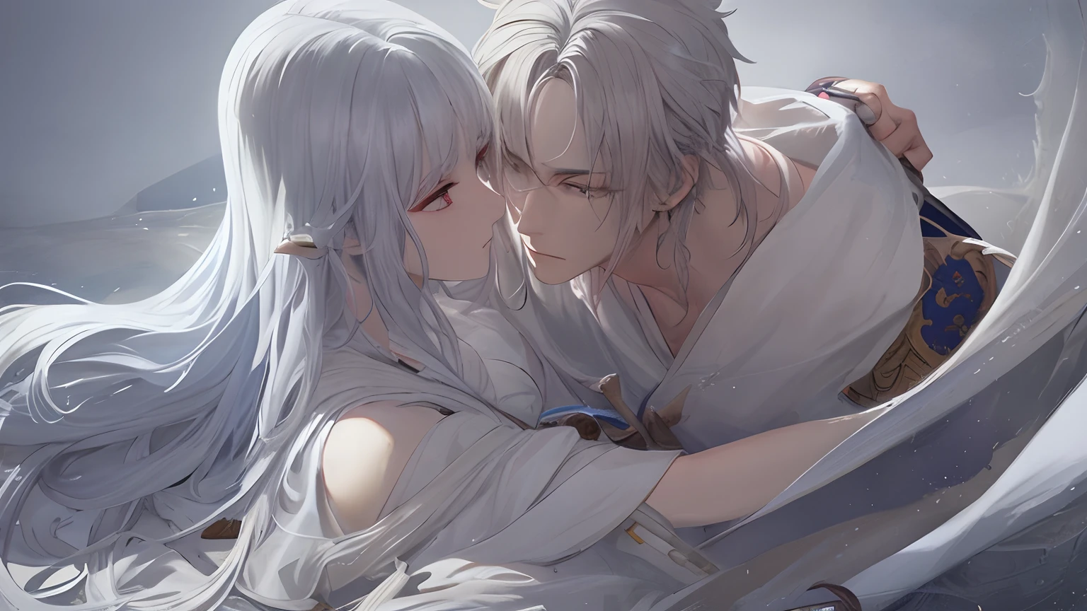 Close-up of a couple in a white robe holding a sword，a character portrait by Yang J，The popularity of CGsociety，Fantasyart，beautiful character painting，Guviz-style artwork，Guvitz，white hanfu，flowing white robe，full-body wuxia，epic exquisite  character art，stunning character art，Beautiful couple assassin