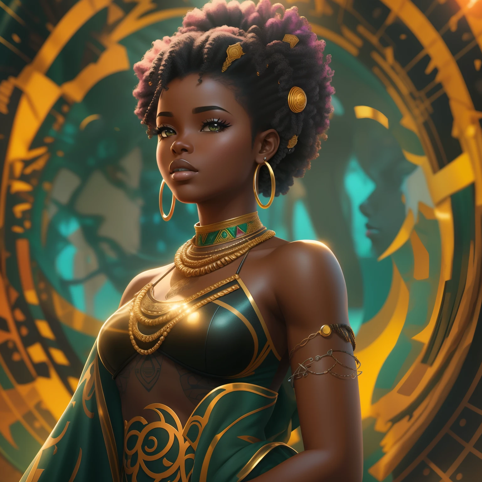 Full body shot of a Black woman wearing neon lit African designed clothes and neon lit African designed beads, standing on a reflective black surface with glowing marble spheres on the surface, dark area with light shining from the glowing marble spheres, with iridescent light, hyper-realistic image, 32k, ultra HD, cinematic lighting, artgerm style, highly detailed images, vibrant and beautiful colours,A wide angle shot of a community of black cave men and cave women, talking, cooking, bright daylight shining, with iridescent light, hyper-realistic image, 32k, ultra HD, cinematic lighting, artgerm style, highly detailed images, vibrant and beautiful colours,