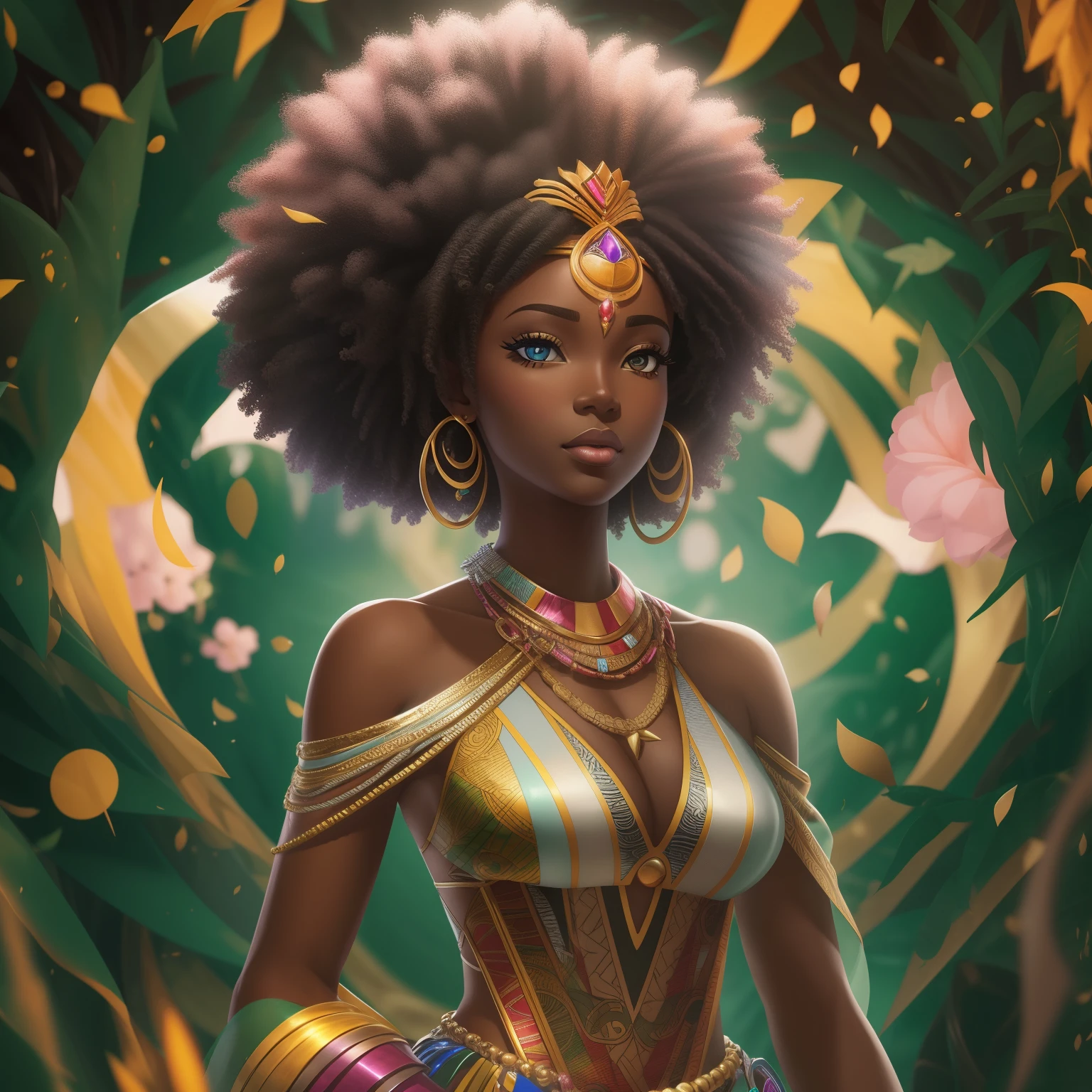 um close up de uma mulher em um traje com um cocar, Princesa Africana, Princesa negra Africanoa, epic 3 d oshun, anime afrofuturismo, Princesa Africanoa deslumbrante, black anime manga girl, Rainha Africanoa, Africano, bela arte digital, digital advanced anime art ", mulher Africanoa, pele escura deusa feminina do amor, futurismo afro, a beautiful artwork illustration