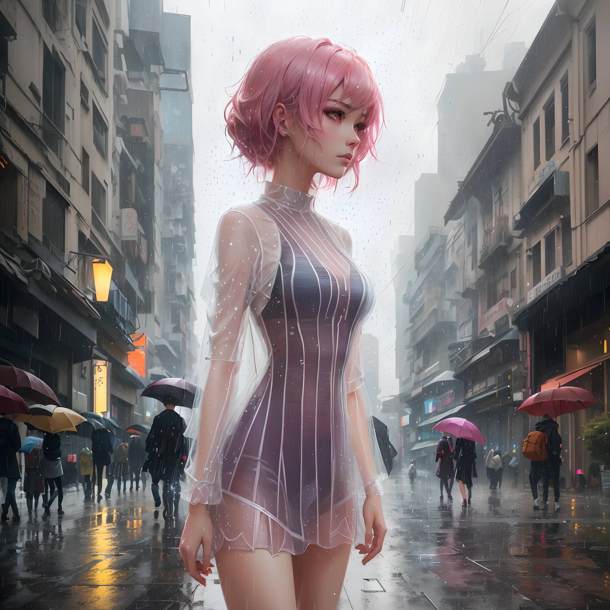 (masterpiece), (best quality), (high res), ((((Solo)))), (perfect anatomy), (young girl (), fair skin, pink hair (shoulder length), green eyes, (((totally naked))), tired, (((flat chest))), in a futuristic setting with a green light, annoyed, cyberpunk, (drinking water), best anime 4k, cybersuits, in dark street, (((during a storm))), (at night), (((wet transparent clothes))), (((wet))), ((rain)), (night), ((((alone)))), (((posing for a photo)))