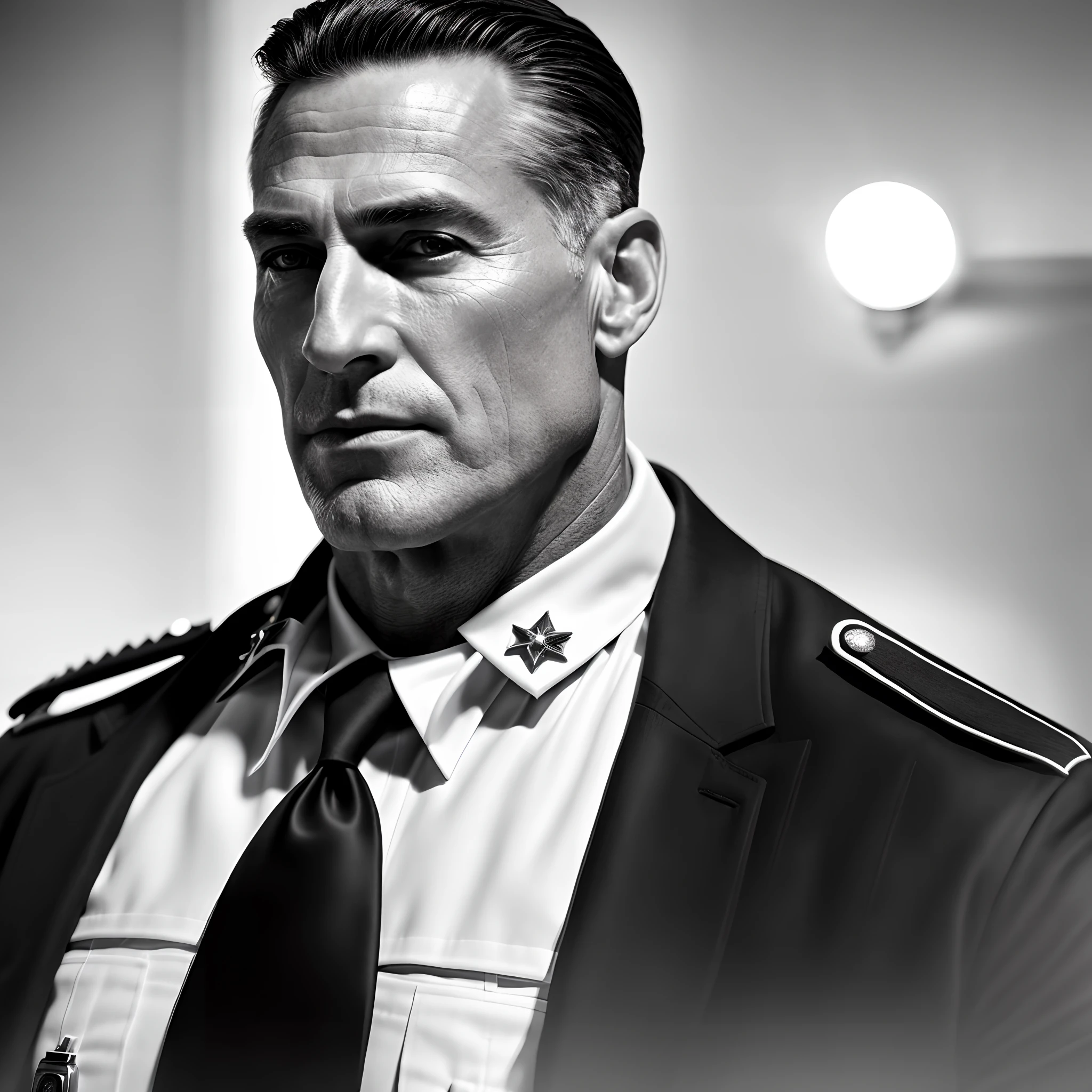 Most handsome man to ever live as a Police Chief during the world war 2, photography, soft lighting, soft details, octane, artstation trending, ultra high detail, ultra realistic, cinematic,16k, noir, absurdly detailed, intricate detail, by Alex Ross, extremely Handsome, ridiculously handsome, intimidating, tall and very muscular man, manly perfection, impossibly handsome, 50 years old, dilf, wrinkles, very squared chin, perfectly sculpted face, proeminent cheekbones, godly beauty