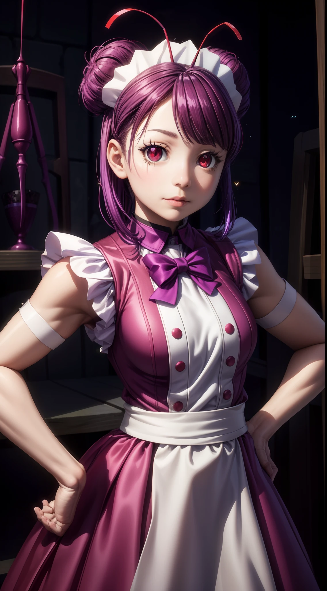 focused to upper body, realistic, 1girl, purple hair, sparkling red eyes, maid outfit, standing pose, (insect lair background), perfect limbs,