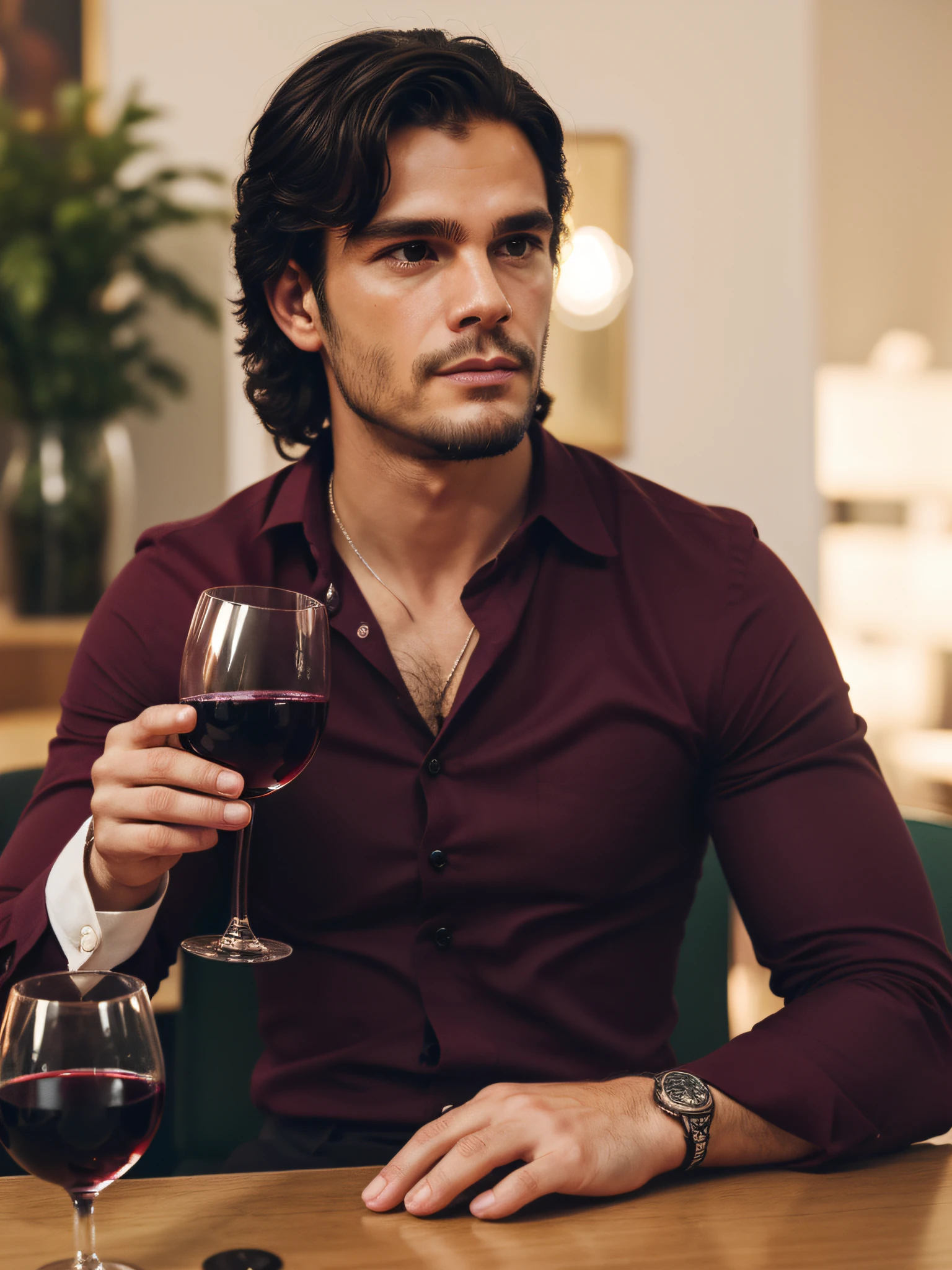 um homem, master part, extremamente detalhado, melhor qualidade, Com traje de terno social, ((ao lado de uma mesa)) ((a glass of wine on the table, bebendo vinho, holding a glass of wine)). extremamente detalhado. (8k, qualidade superior, melhor qualidade, obra-prima, altamente detalhado: 1.2), (Autoretrato de rosto:1.3)