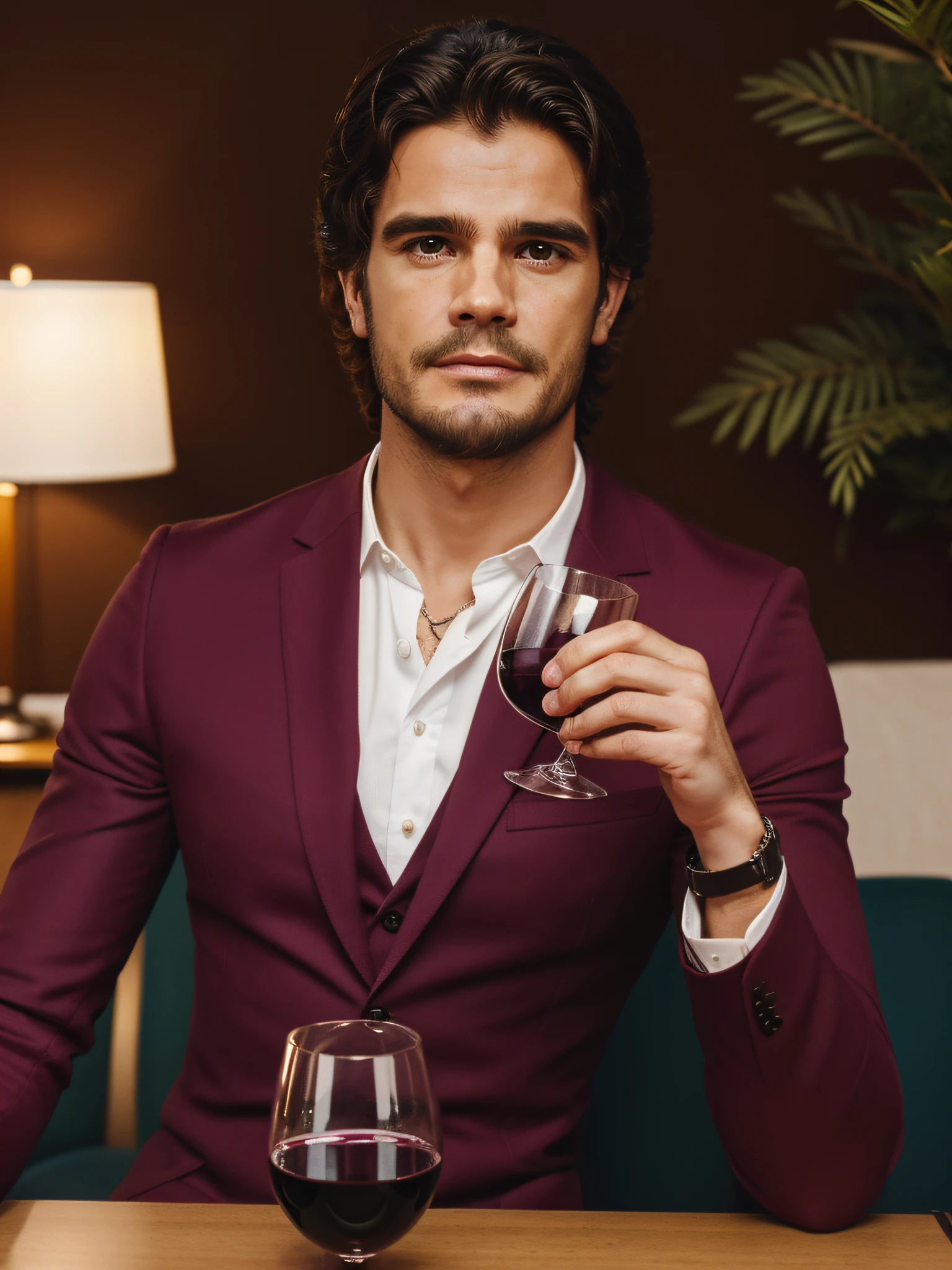 um homem, master part, extremamente detalhado, melhor qualidade, Com traje de terno social, ((ao lado de uma mesa)) ((a glass of wine on the table, bebendo vinho, holding a glass of wine)). extremamente detalhado. (8k, qualidade superior, melhor qualidade, obra-prima, altamente detalhado: 1.2), (Autoretrato de rosto:1.3)