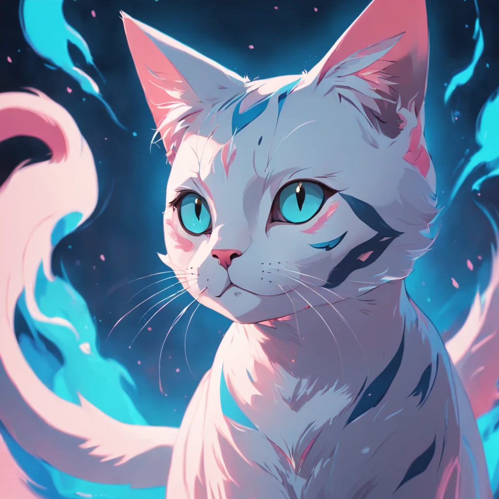 Cat in art, sorcerer、main color: Therefore, Secondary coloring cyan, Pastel pink background, artistic, sleek, Cozy style, The form includes an abstract cat, Playful forms, Elegant piece, Textures include skin textures, Smooth painting, Fabric texture, The lines contain elegant lines, Natural curves, Delicate silhouette, The shape is elegant, approachable, expresive, Aesthetic.