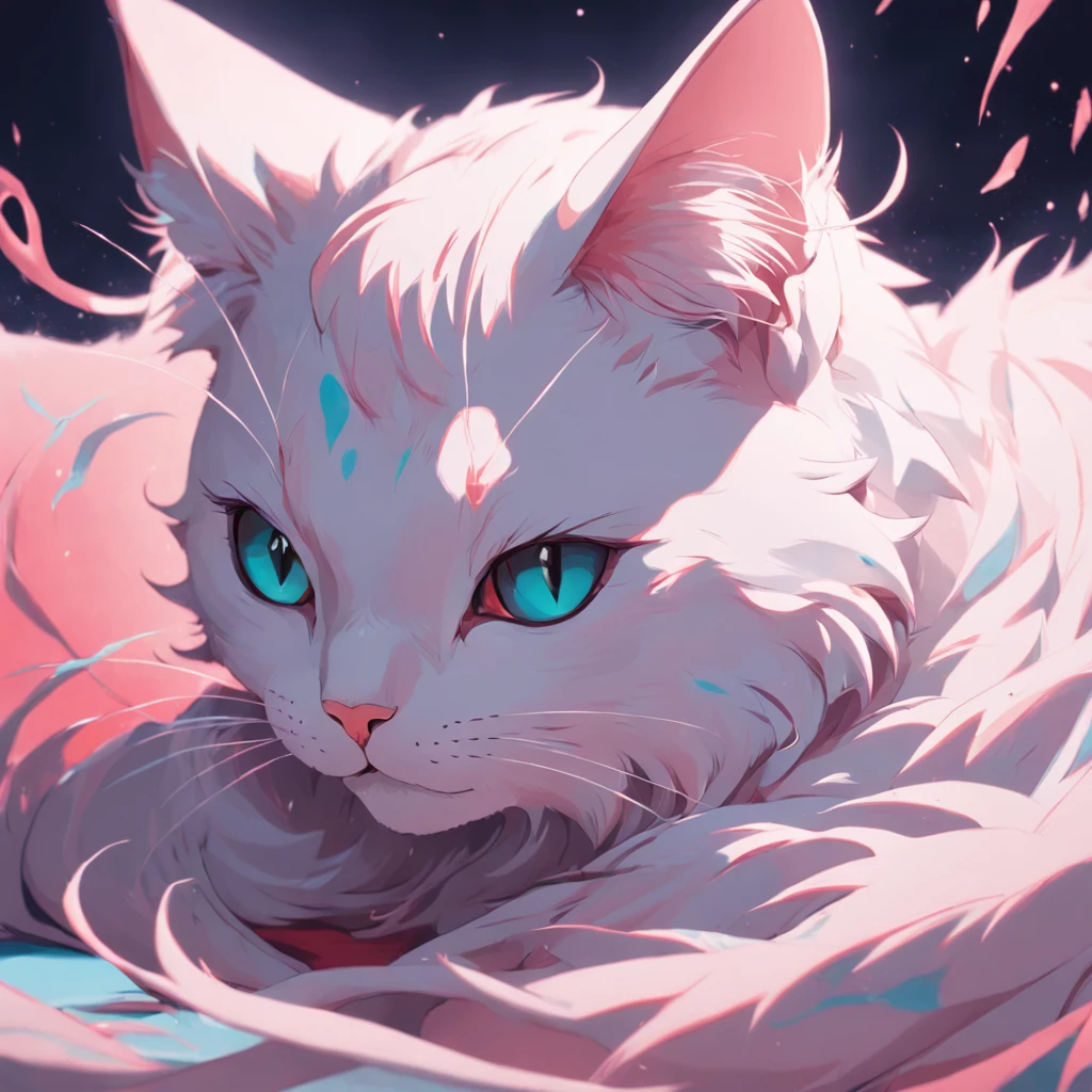 Cat in art, sorcerer、main color: Therefore, Secondary coloring cyan, Pastel pink background, artistic, sleek, Cozy style, The form includes an abstract cat, Playful forms, Elegant piece, Textures include skin textures, Smooth painting, Fabric texture, The lines contain elegant lines, Natural curves, Delicate silhouette, The shape is elegant, approachable, expresive, Aesthetic.